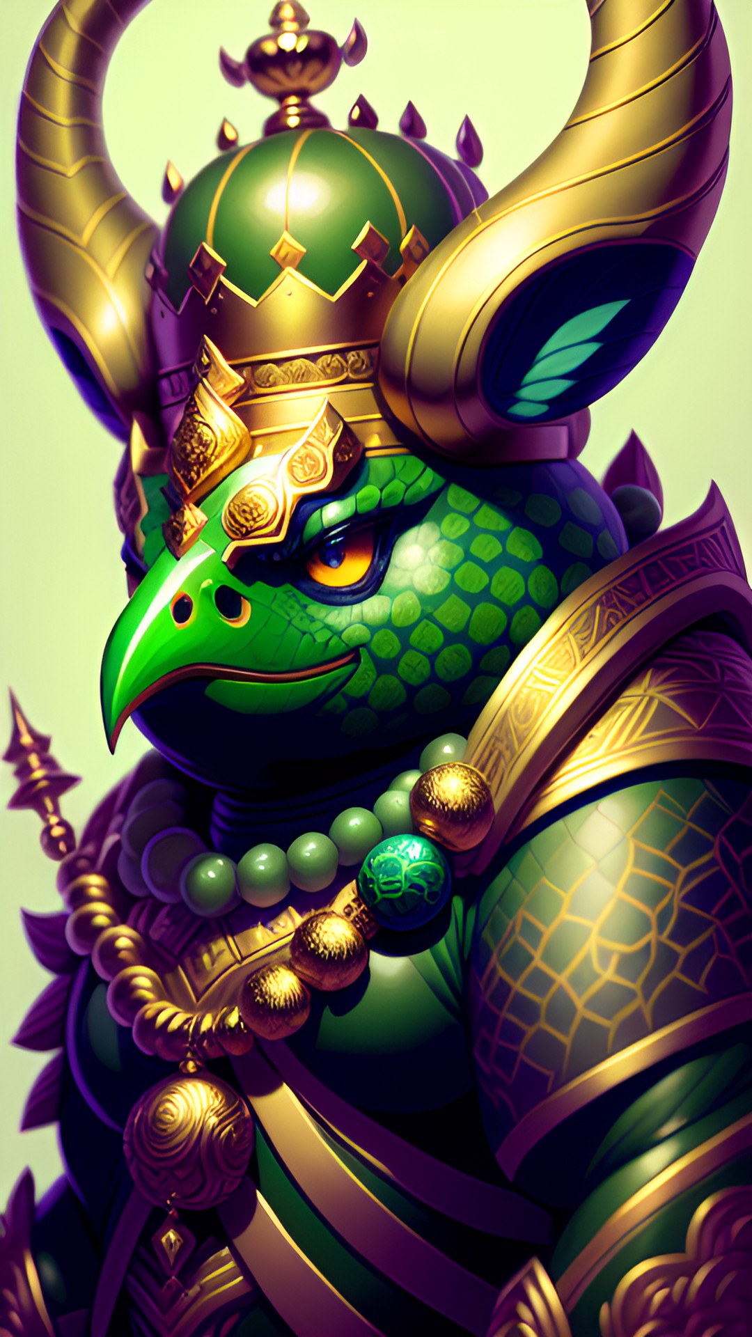 kuzenbo, the king kappa, wearing a gold crown and holding a trident. in traditional japanese style, he has green skin and a beak-like mouth. preview