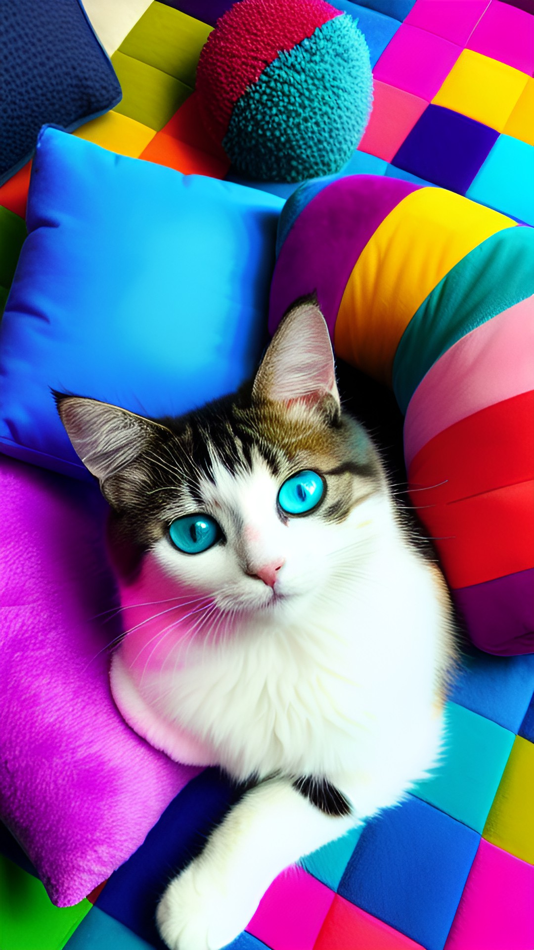 a playful happy little fluffy cat, with bright blue eyes, lounging on a plush pink cushion and surrounded by colorful toys." preview