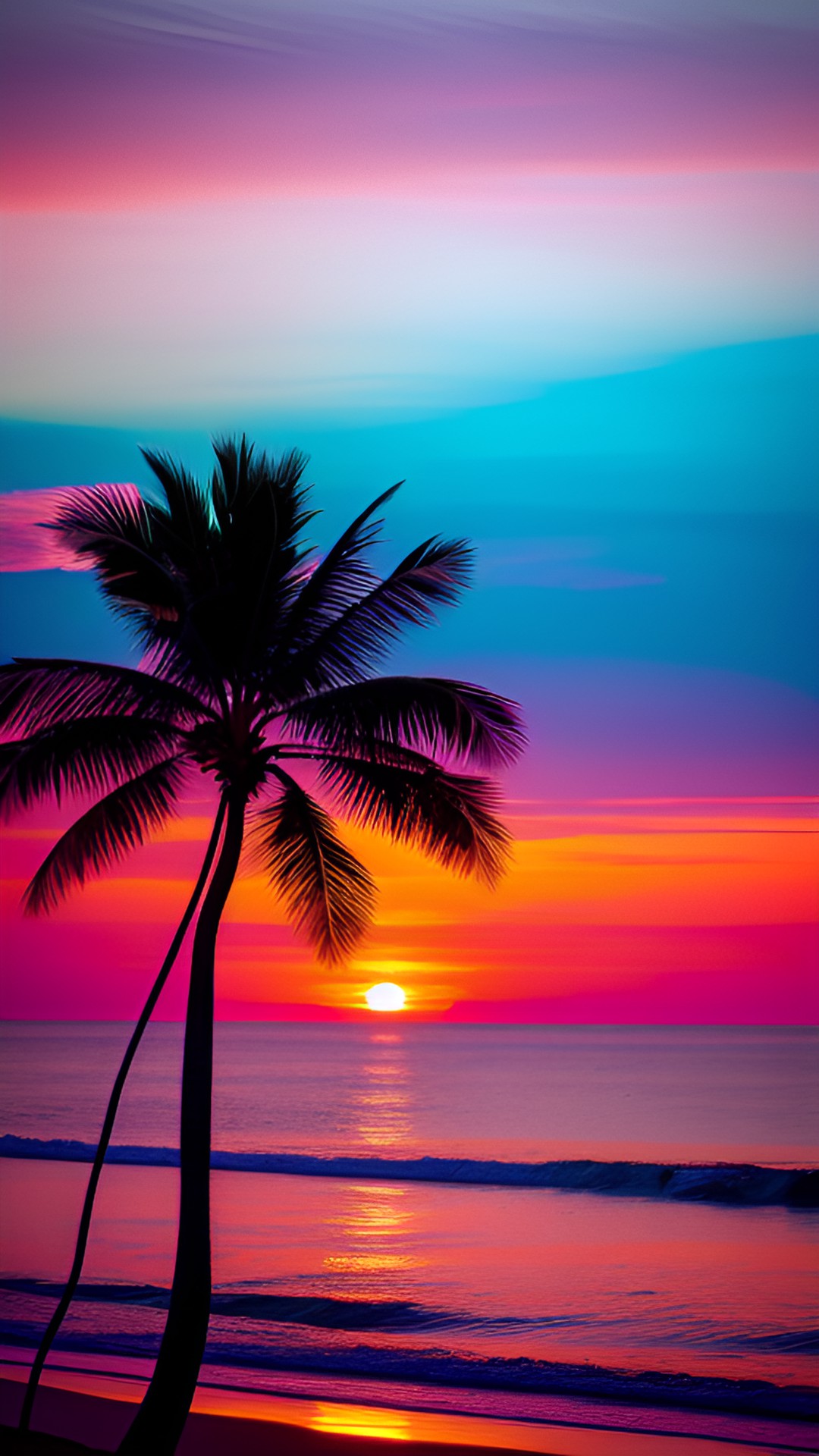 pink sunset - a breathtaking pink sunset over a tranquil ocean horizon with silhouettes of palm trees and a lone boat in the distance." preview