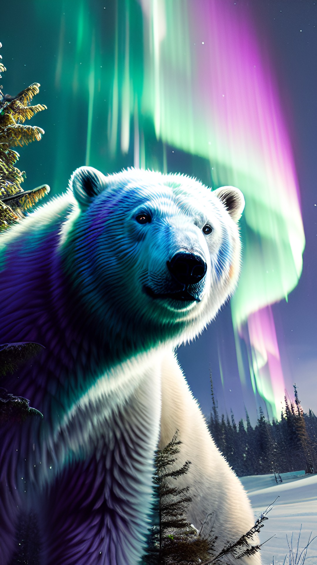 hyperrealism,
northern lights,
polar bear,
8k preview