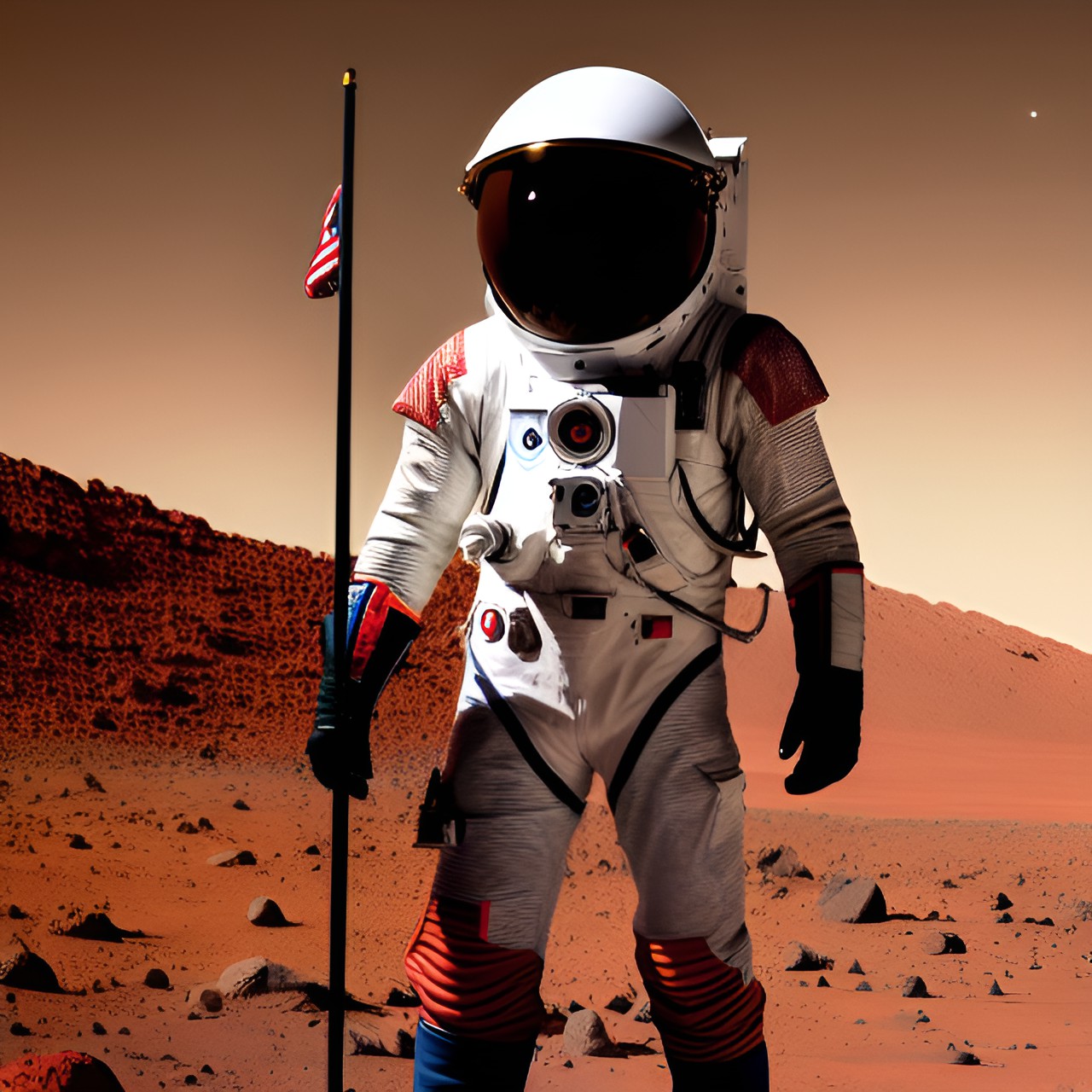 man on mars in a sleek space suit, standing on the red planet's rocky terrain. he holds a flag in one hand and gazes out at the vast, barren landscape. preview