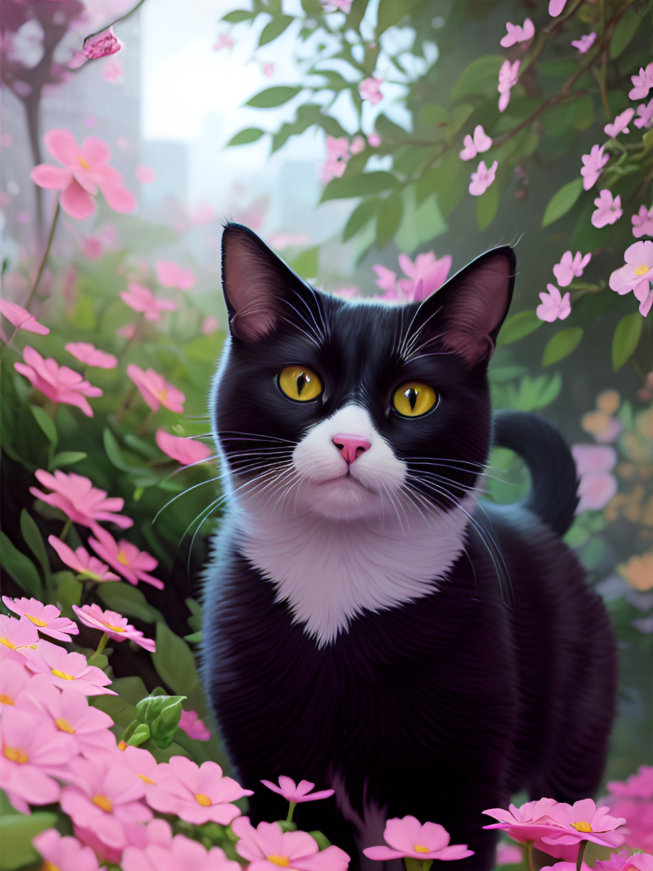 a cat surrounded by pink flowers preview