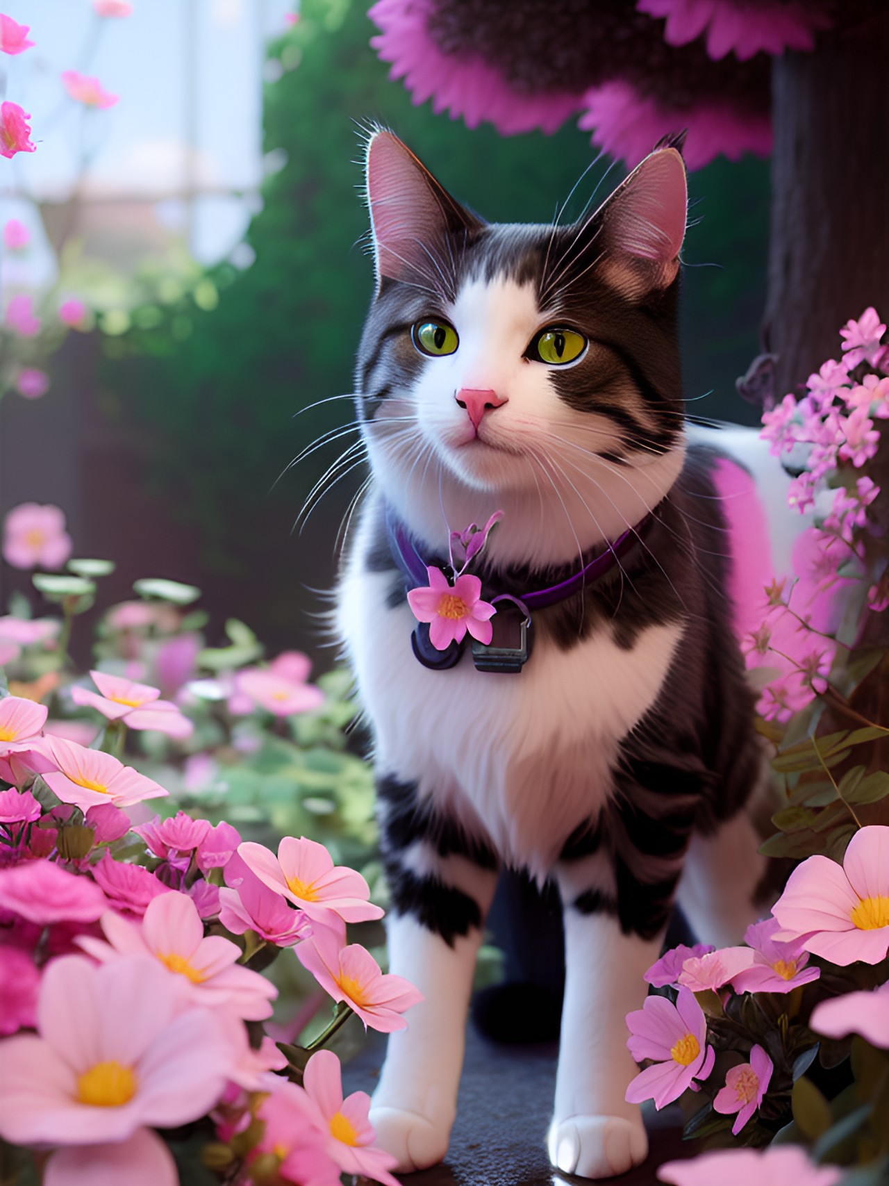 a cat surrounded by pink flowers preview