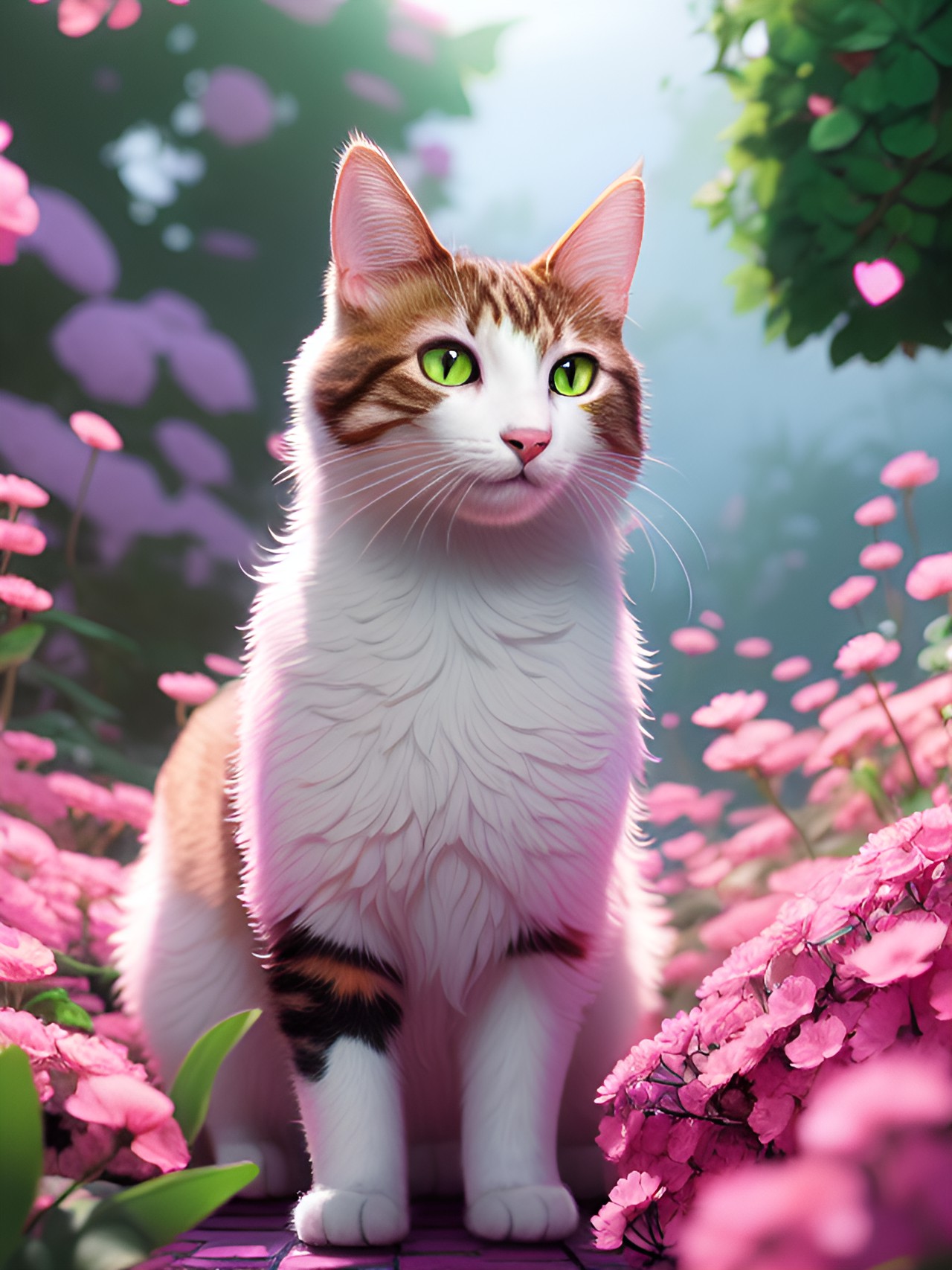 a cat surrounded by pink flowers preview