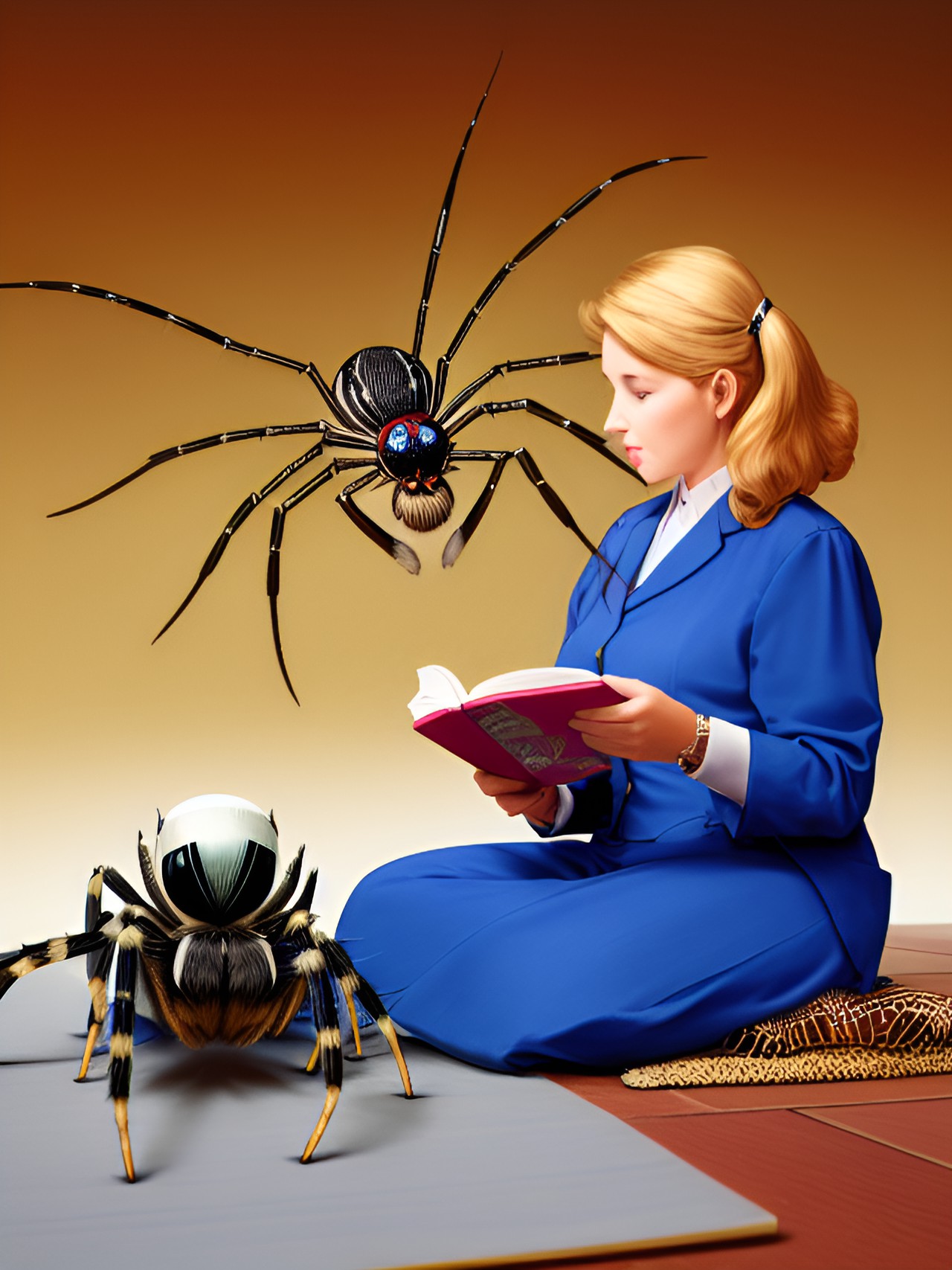 teaching spiders - woman teaching a spider how to read preview