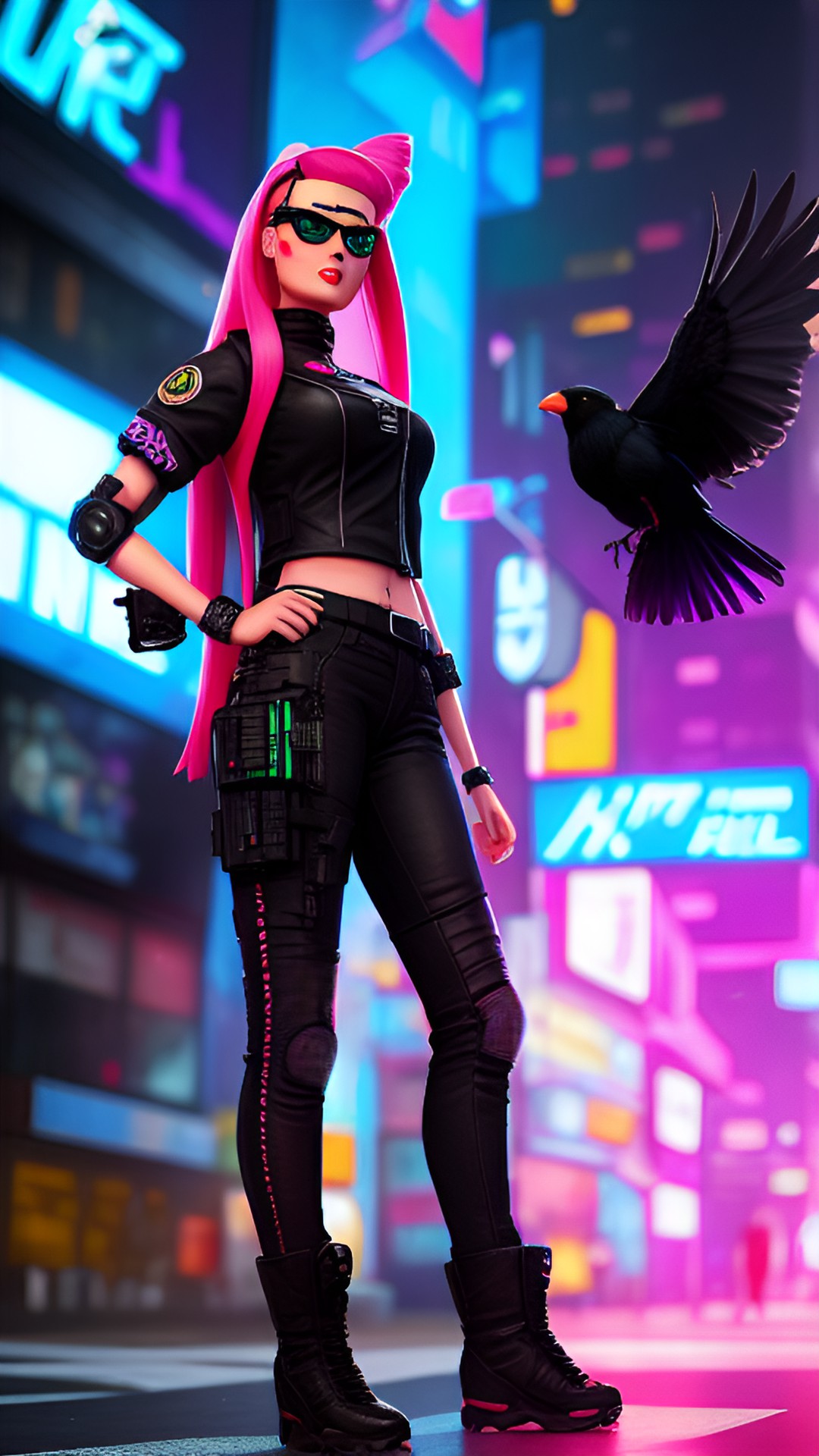 a cyberpunk rebel barbie with a pet crow. preview