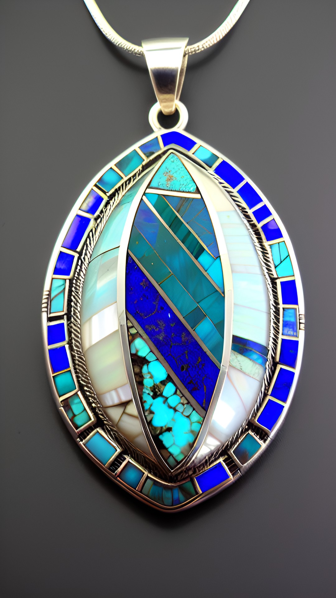 silver, lapis, turquoise, and mother of pearl mosaic pendant preview