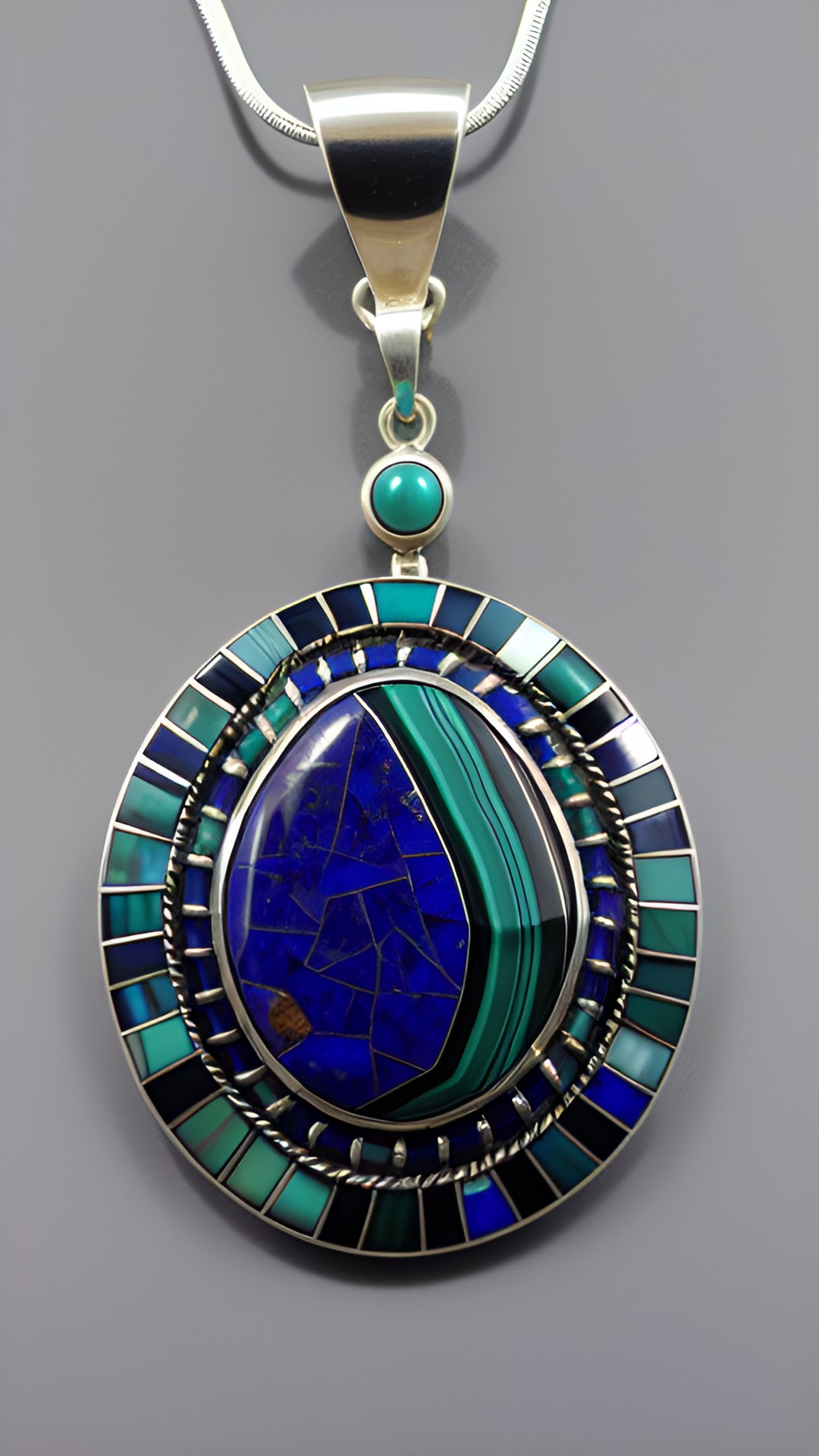 silver, lapis, turquoise, malachite, and mother of pearl mosaic pendant preview