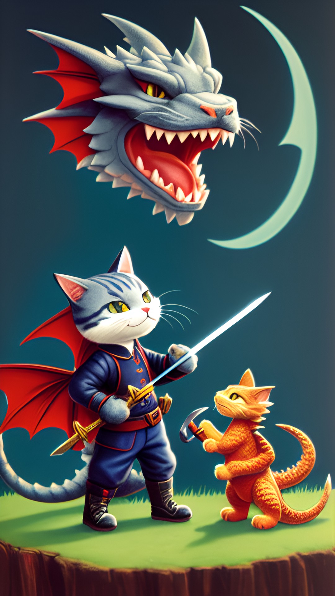 little cat with sword fighting a dragon preview