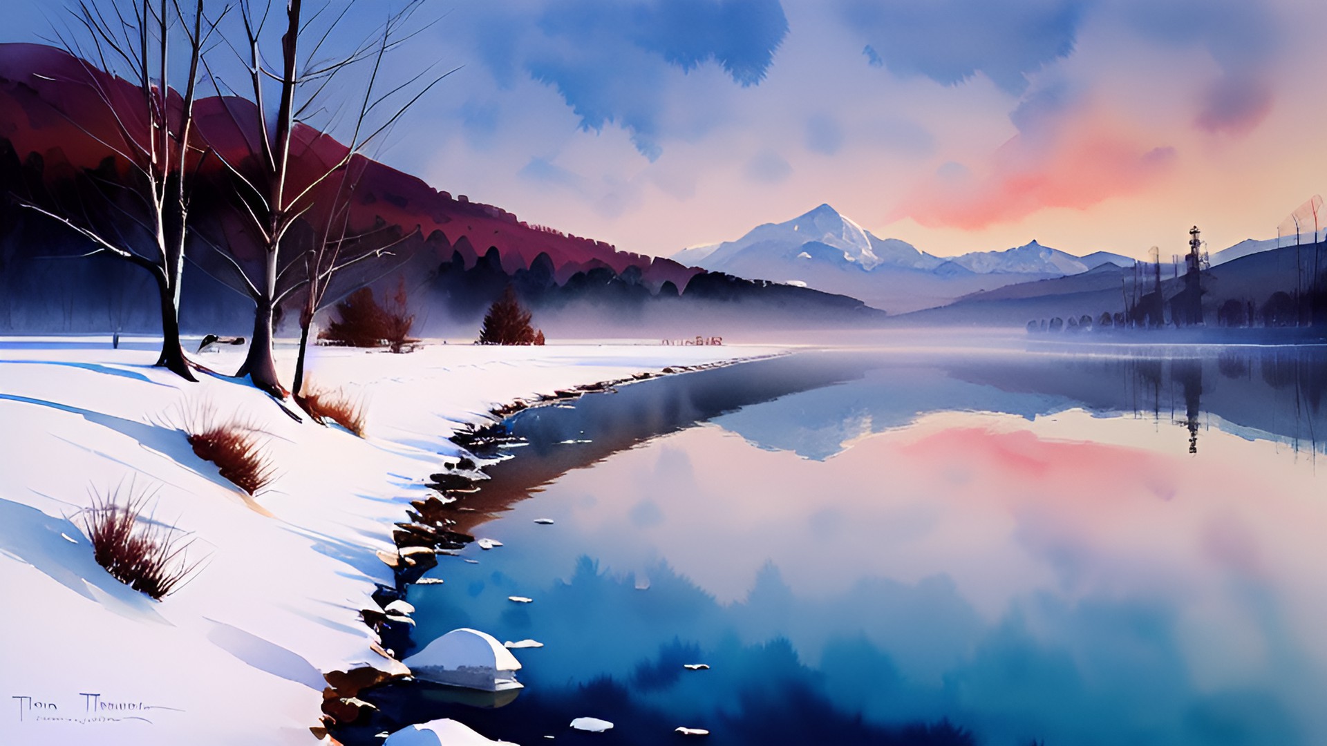 Watercolour v2 - cold winter morning on a lake preview