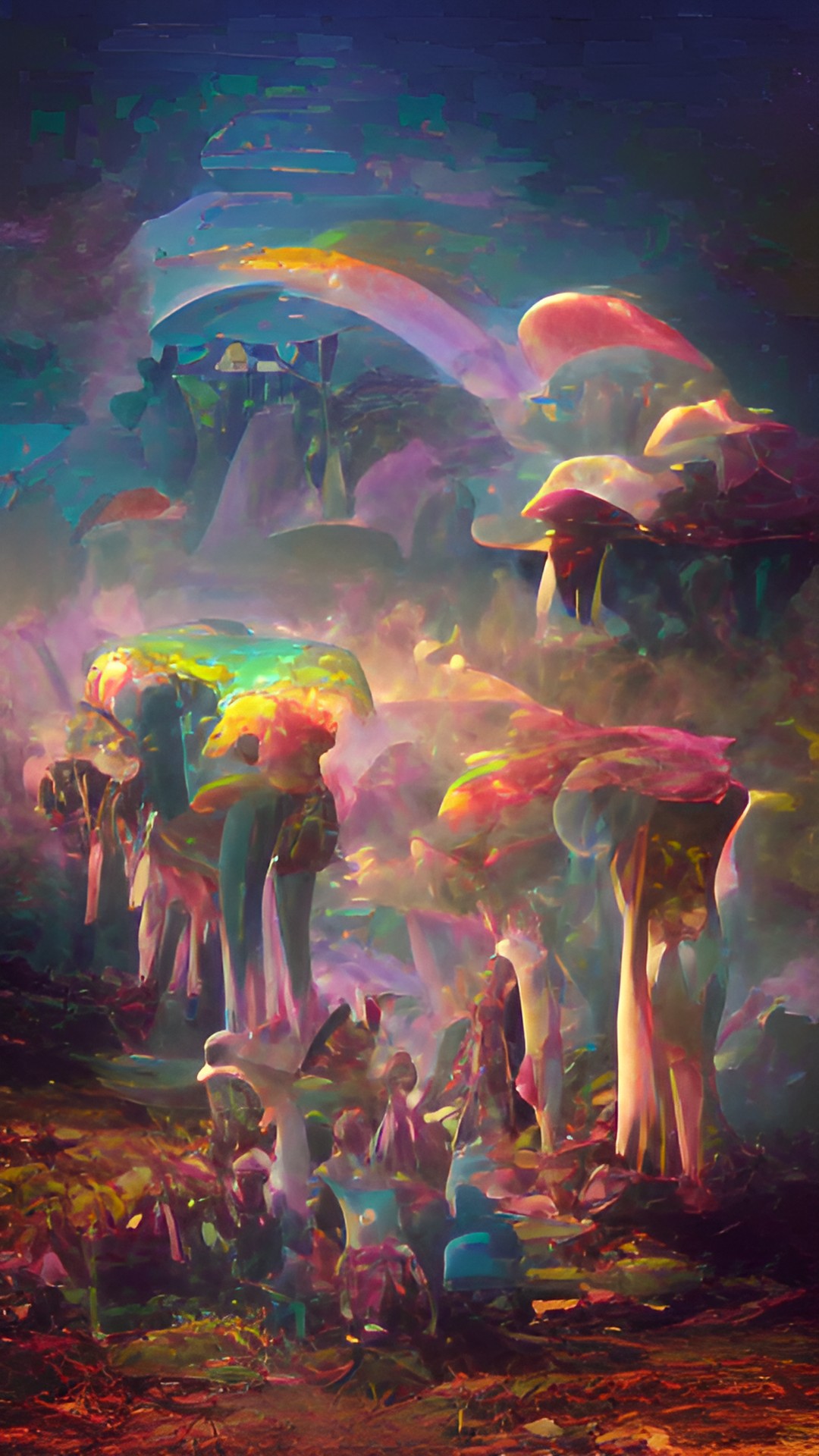 The forest - rainbow mushroom forest, dark mysterious vibe, intricate details preview