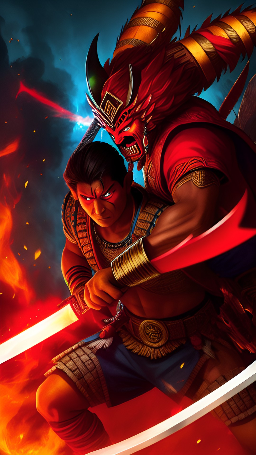 Blood and Bone - a mayan warrior fighting a demon with red eyes and a sword preview