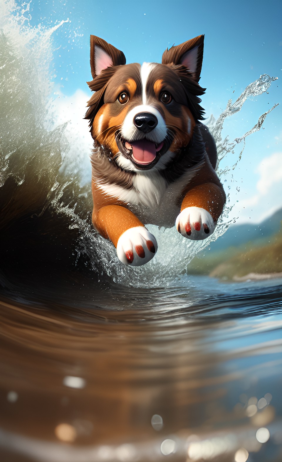 Splash - light brown australian shepherd running in water preview