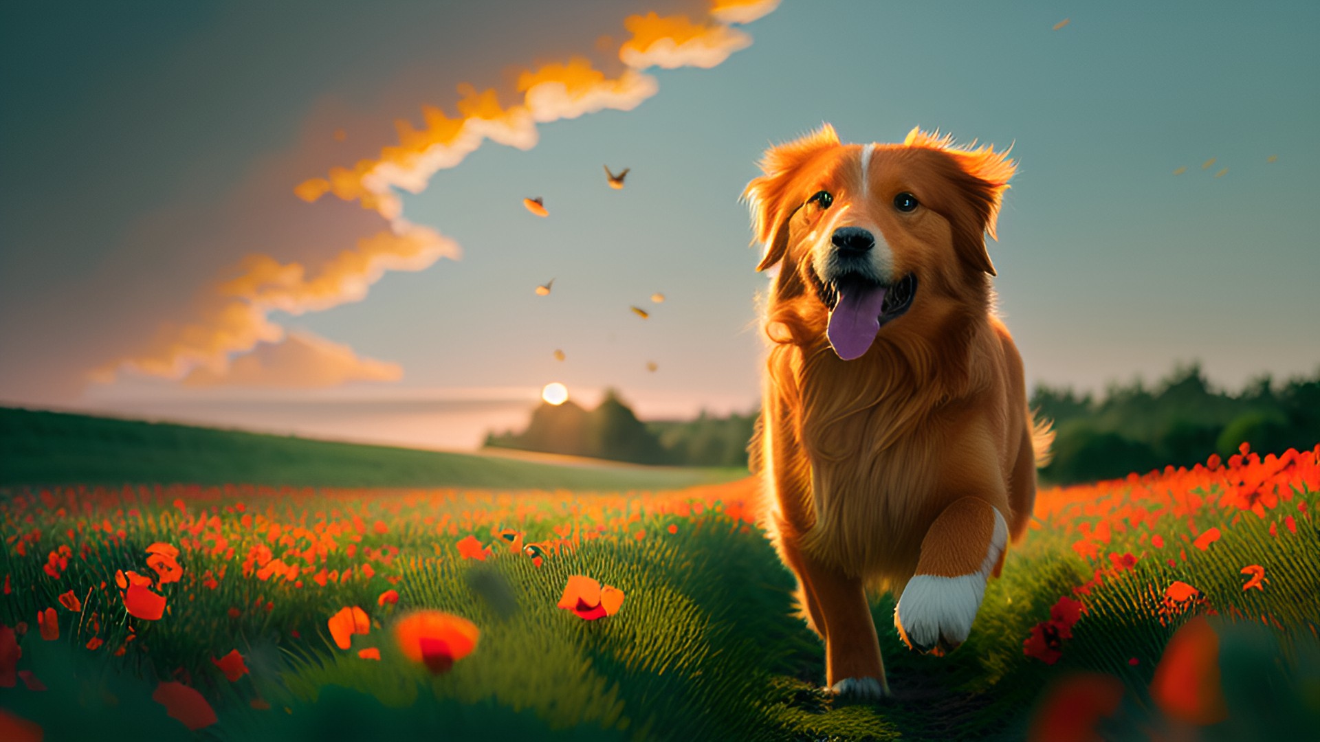 nova scotia duck tolling retriever running through a field of poppies at sunset preview