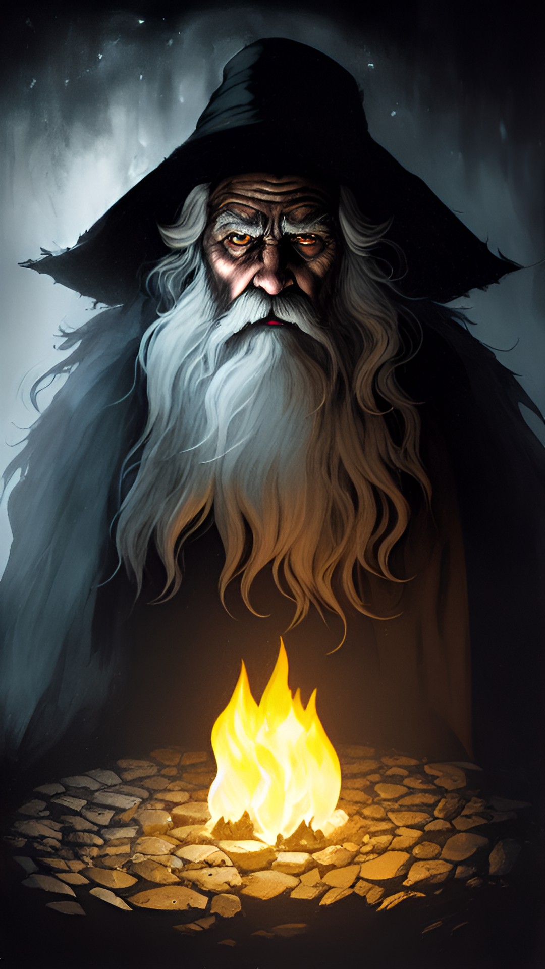 in the center of a dark dungeon, the light from the torches illuminates a diffuse ghost that looks like the shadow of an old fisherman with disheveled white hair and beard and sinister eyes. preview