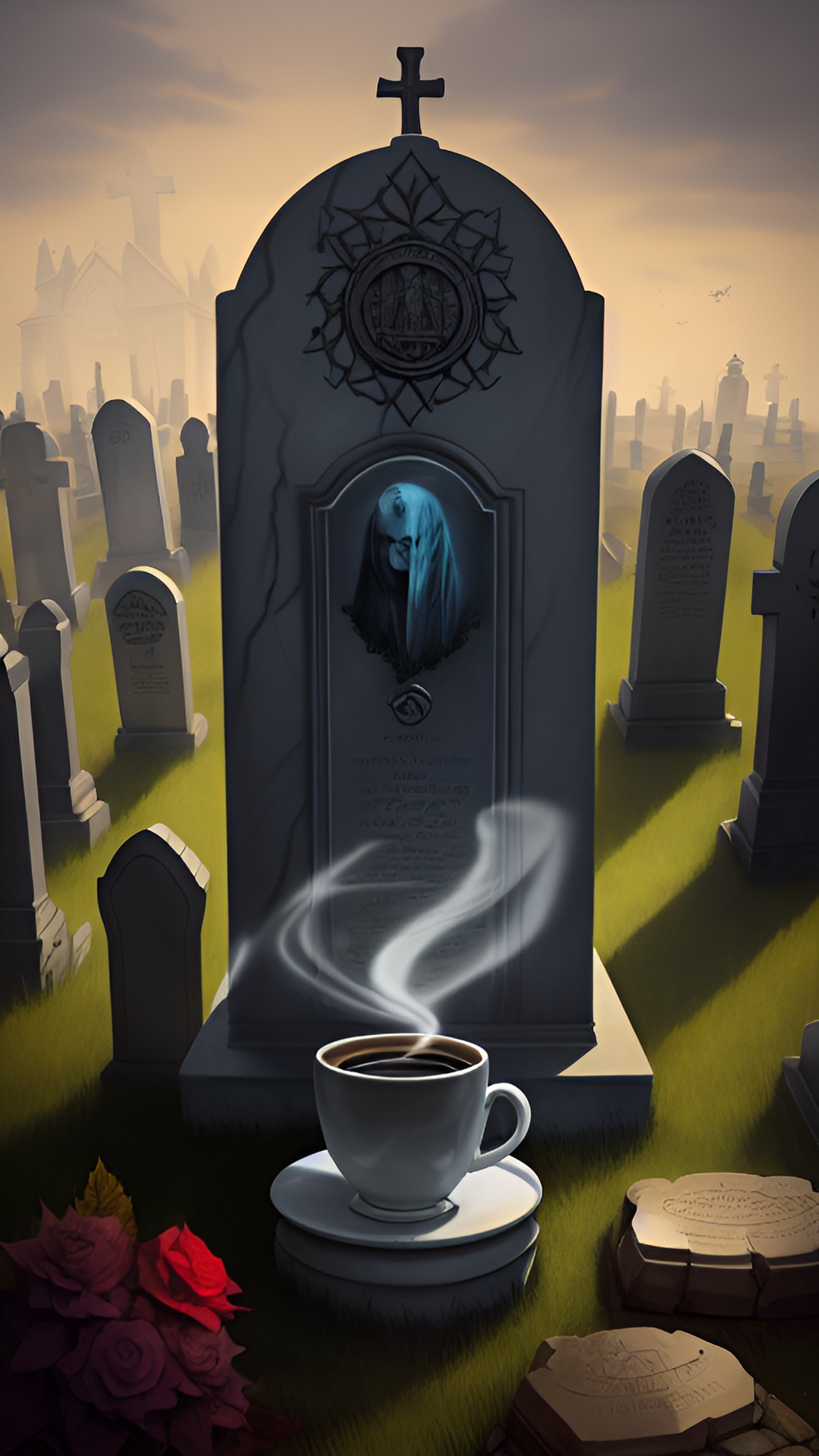 A Cup Untouched - a cup of coffee sitting on a head stone in a graveyard with ghosts preview