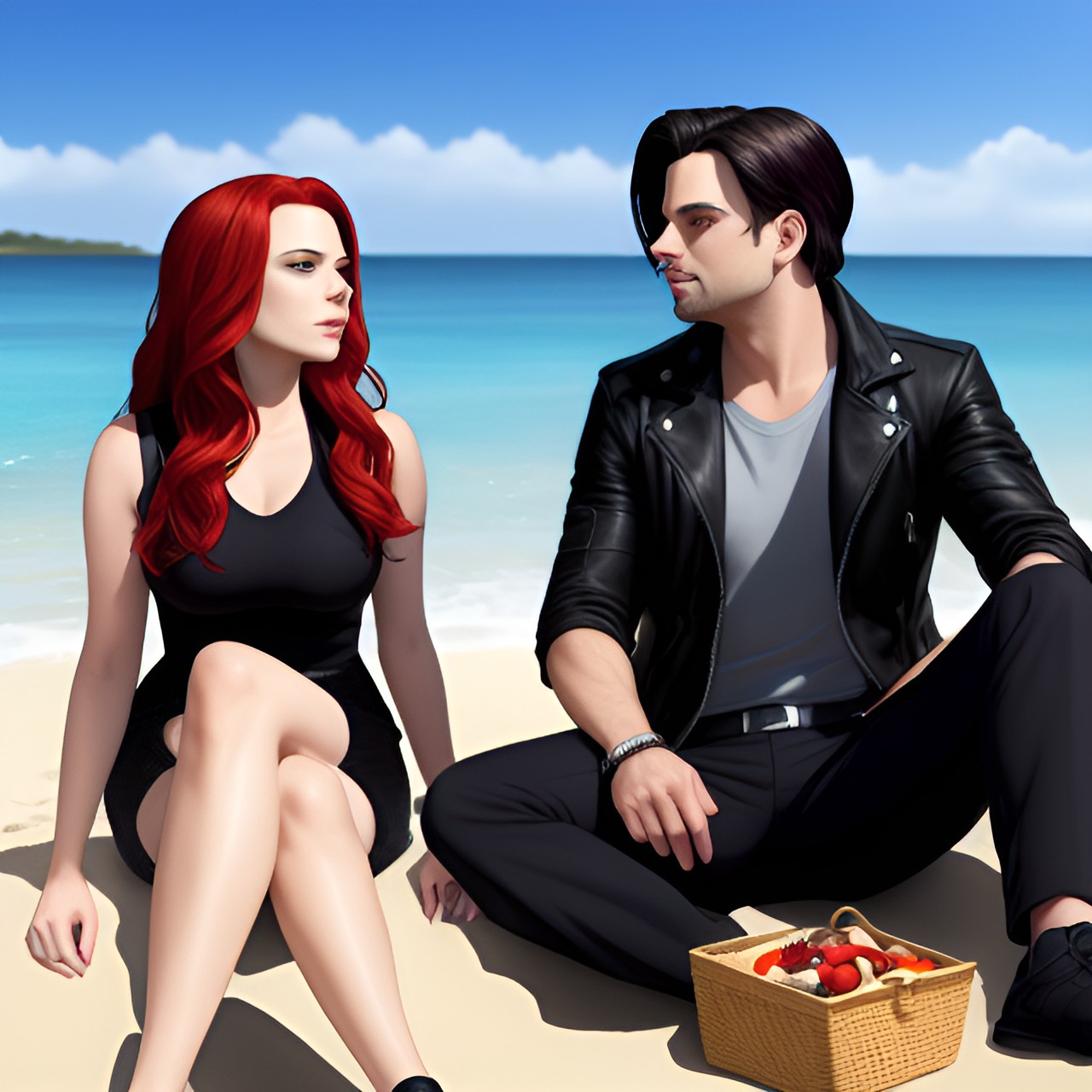 black widow and bucky barnes are dating, on a date at the beach, on a picnic fine details, hyper realistic preview