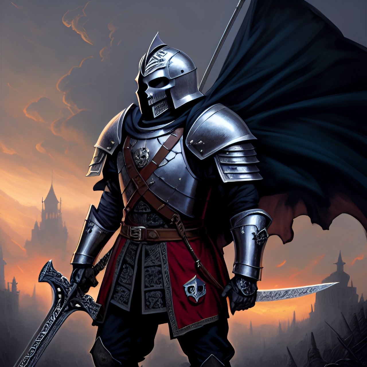 a medieval skull knight ￼ - medieval skull knight, decked out in full armor with a skull-shaped helmet. he wields a broadsword and carries a shield adorned with his emblem. preview