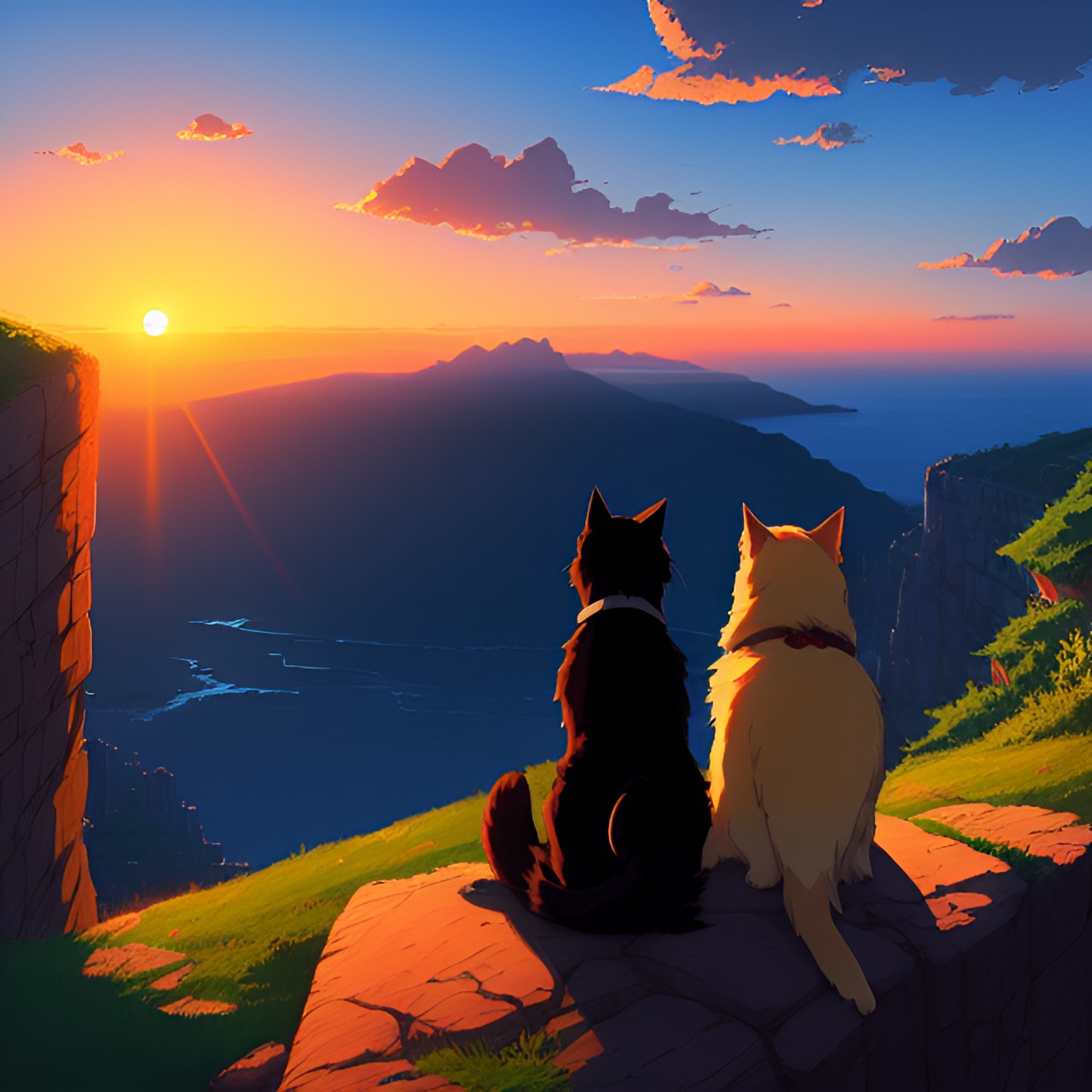 Fur buds - dog and cat sitting on a cliff looking at the sunset preview