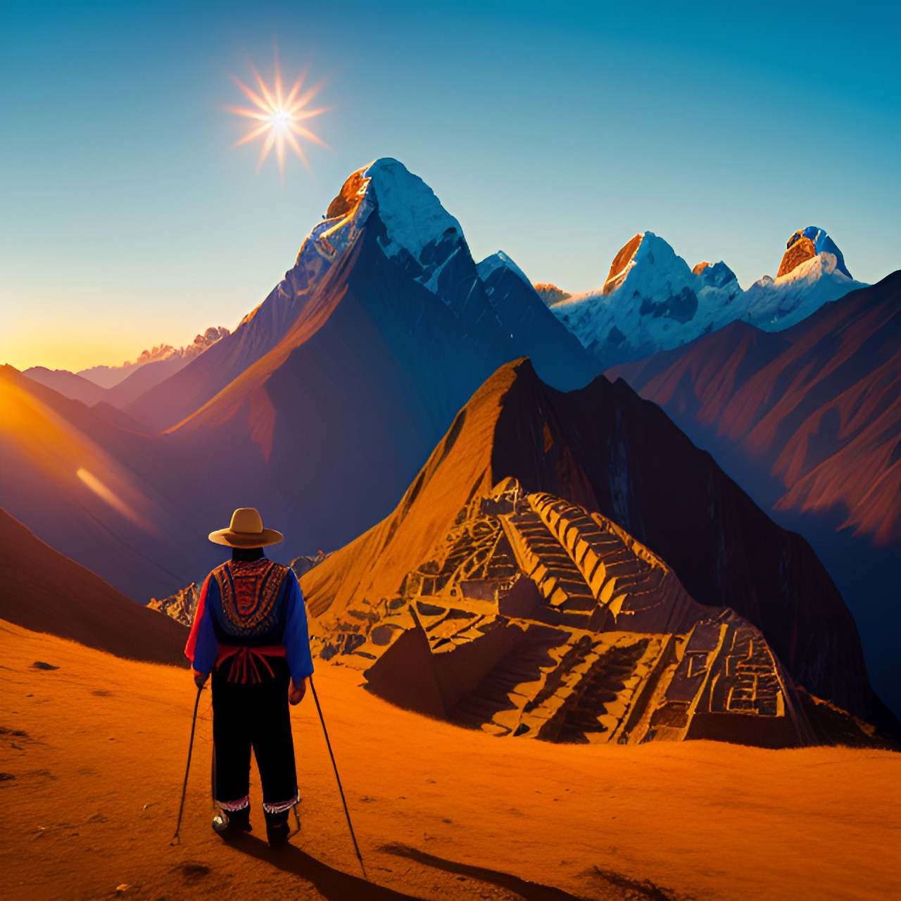 Peru - a peruvian man wearing traditionally peruvian clothing wandering across the peruvian andes while the sun set in the background preview