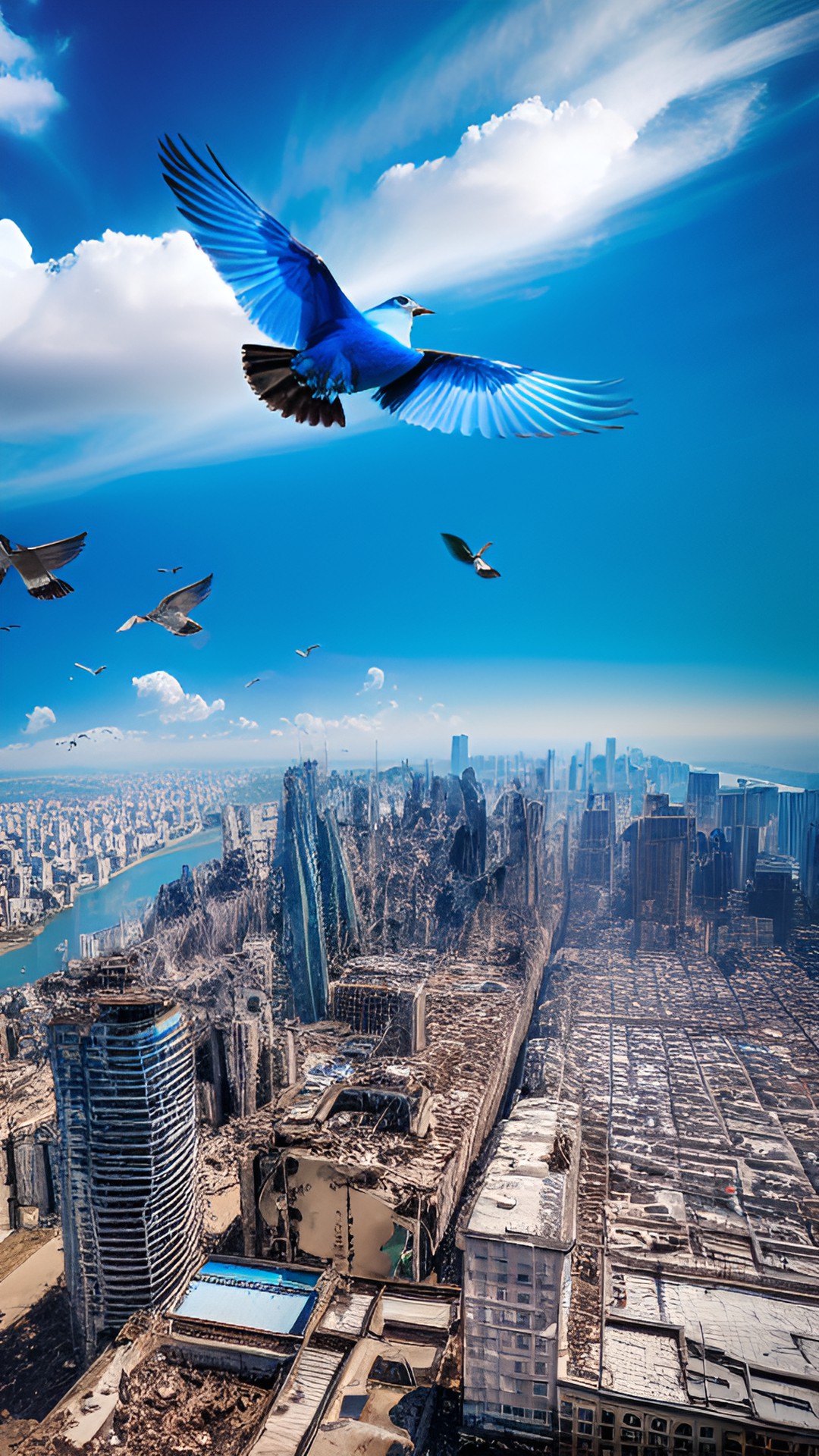 blue bird flying over city in ruins. preview