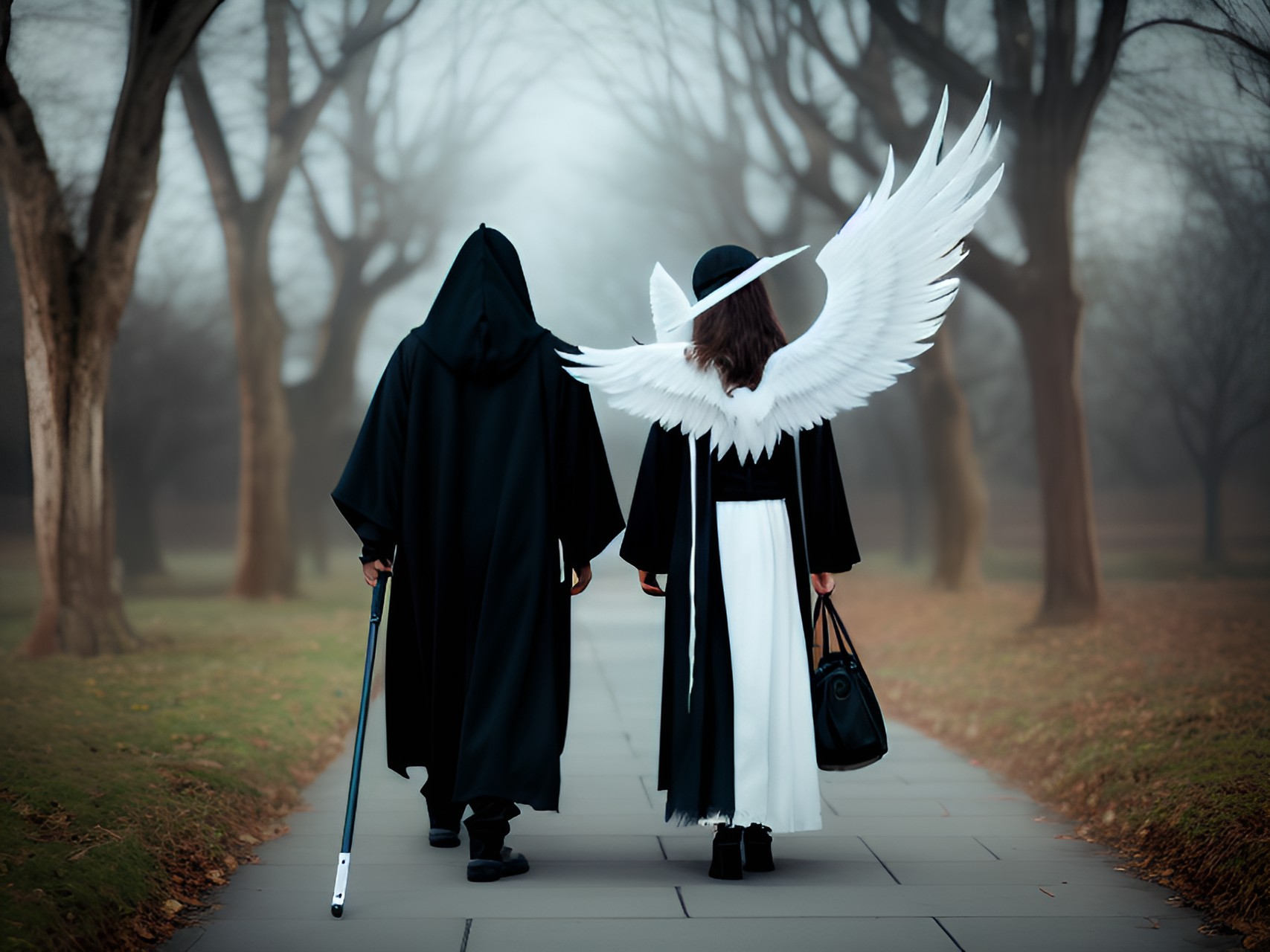 picture of grim reaper and an angel with white wings, walking, scythe, clock preview