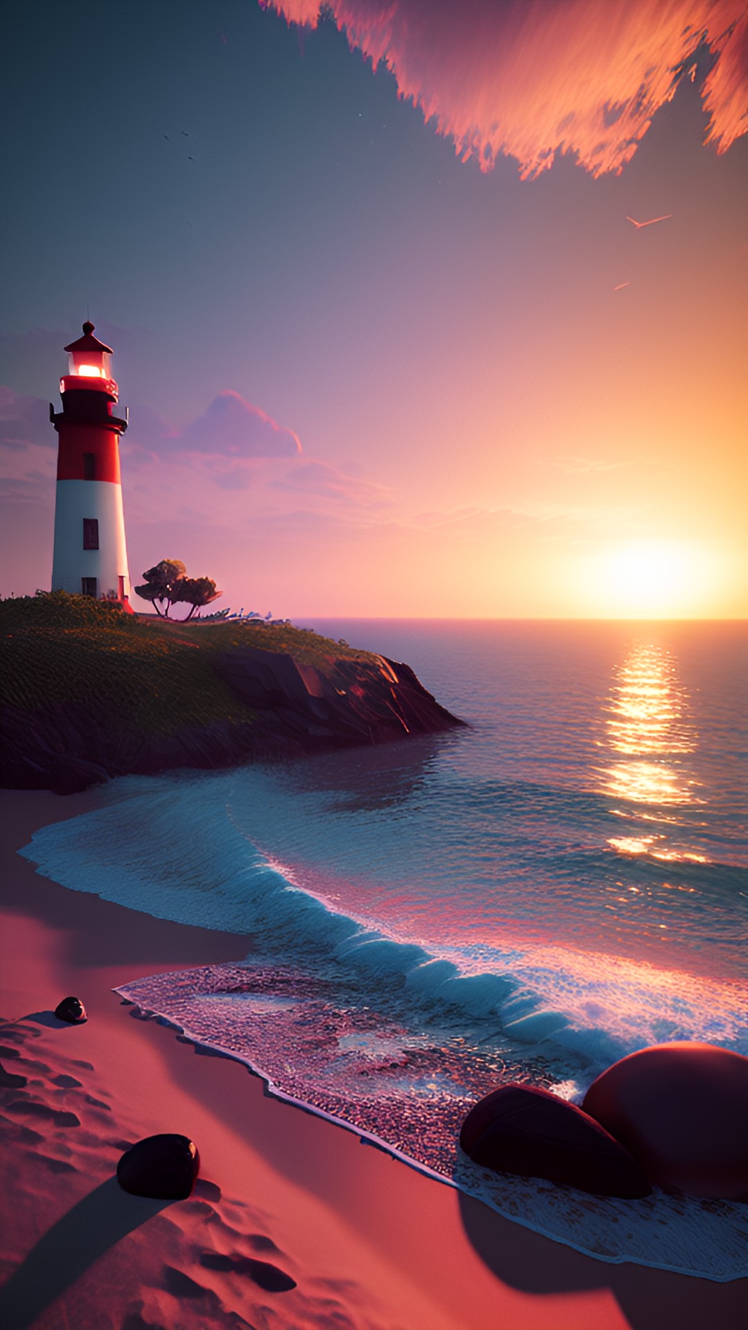 sunset at the beach, lighthouse in the distance preview