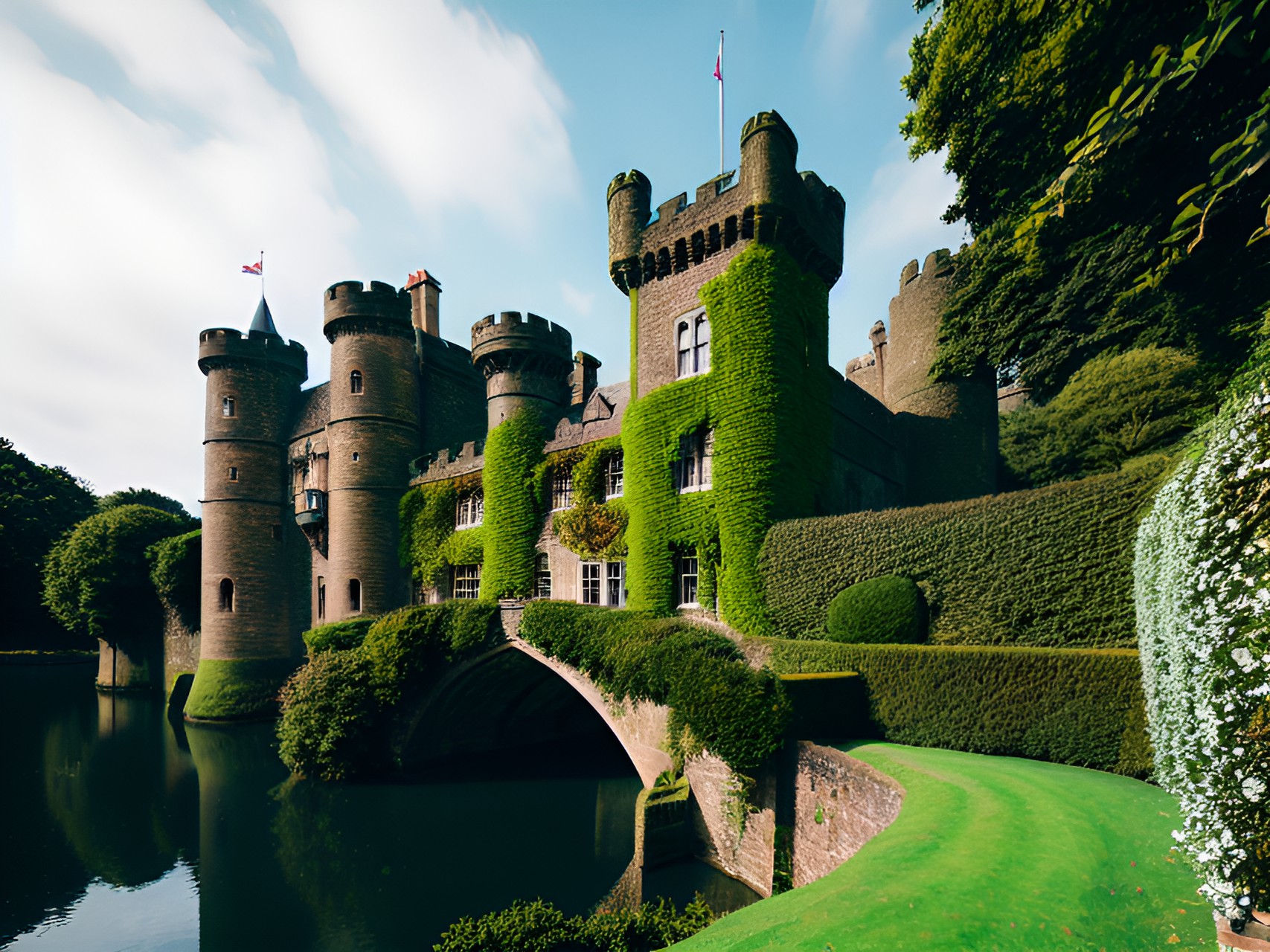 Unrealistic v2 - british castle towering over green rolling hills, surrounded by a moat and drawbridge. stone turrets and ivy-covered walls add to its medieval charm. a true masterpiece of architecture. preview