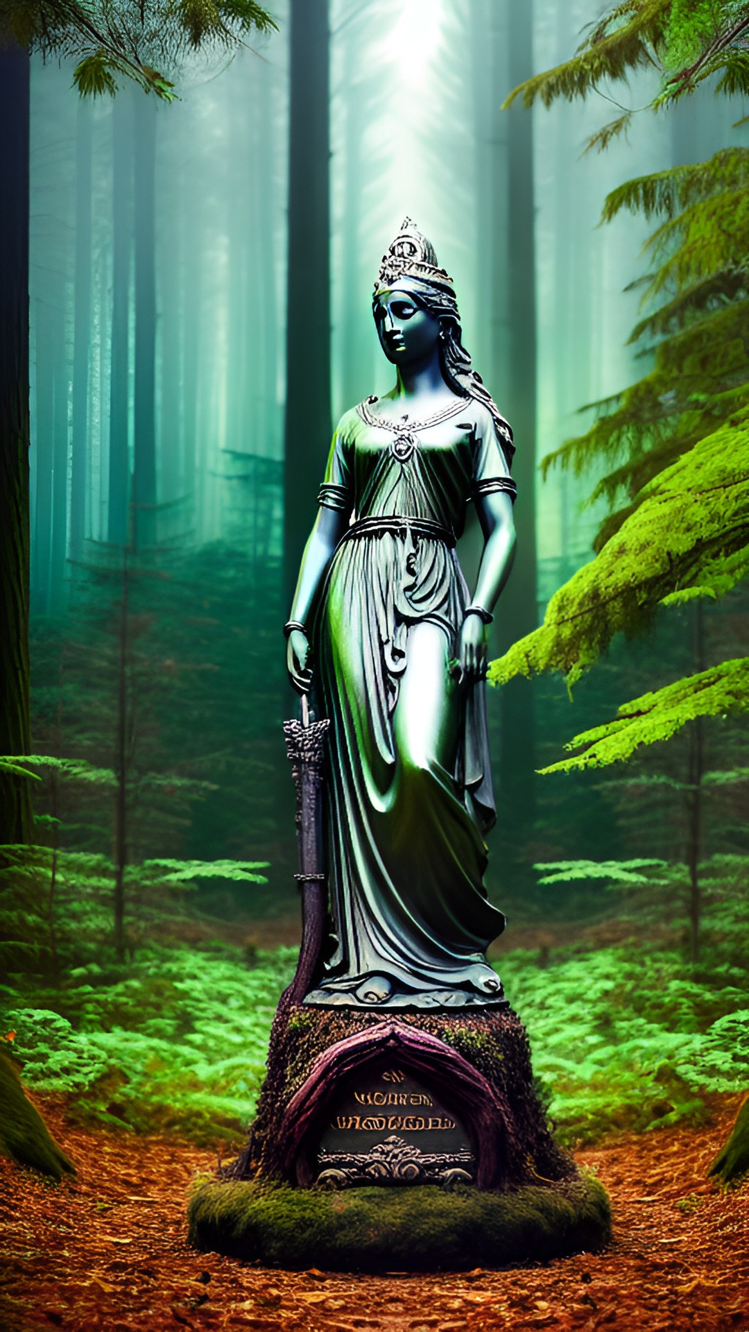 enchanted forest clearing with statue of a new goddess for our dying world preview