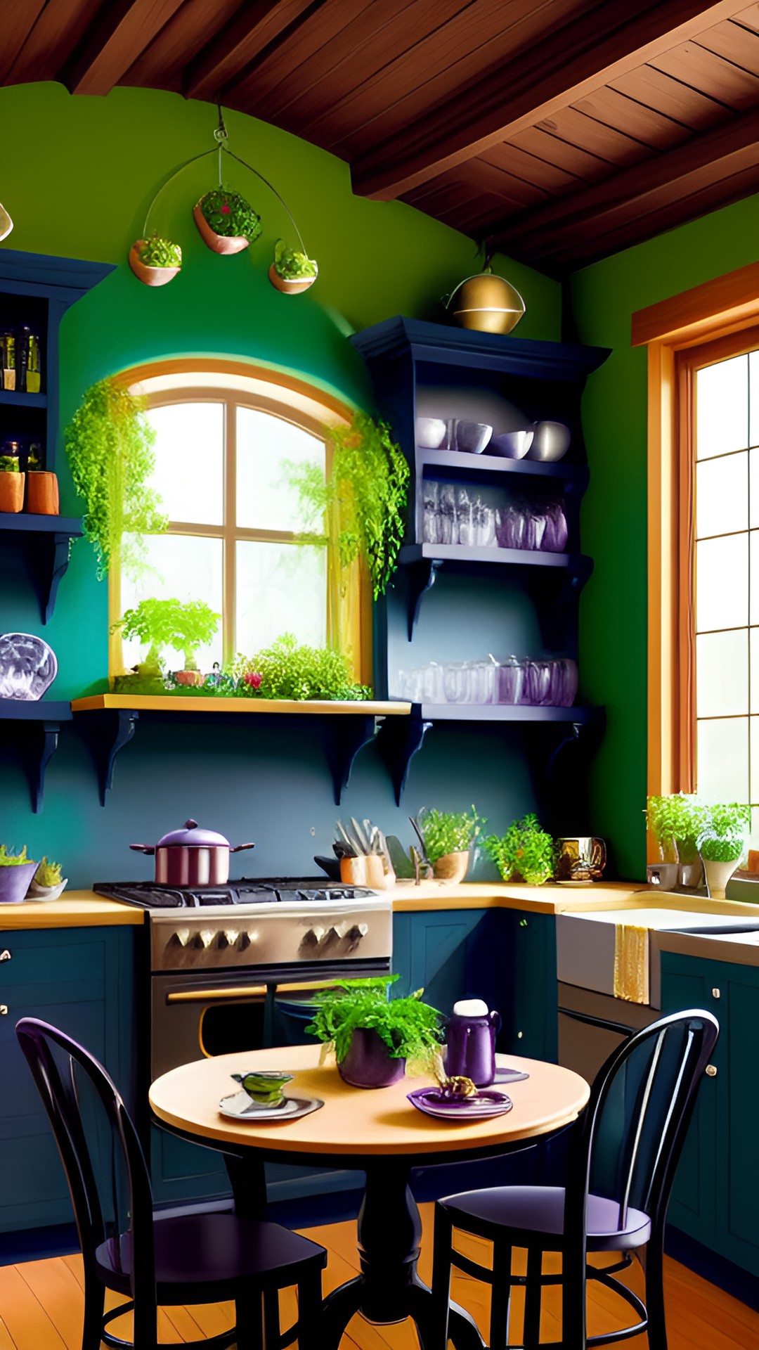 kitchen room witch fantasy herbs cauldron smoke food green plants black cat magic table stove kitchen purple green dark moody preview