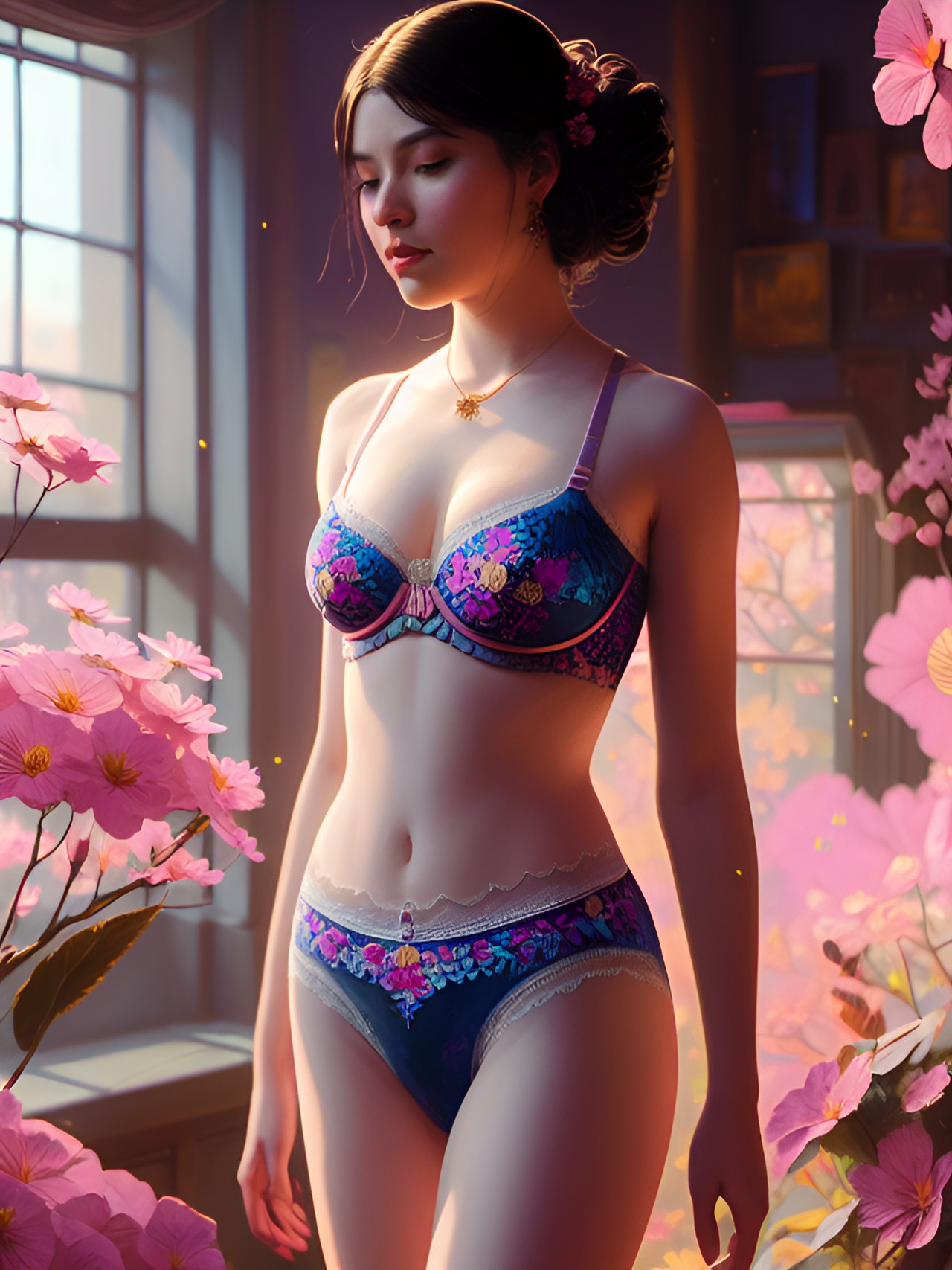 woman in undergarments that are pretty. colorful flowers and scenic pattern. intricate patterns preview