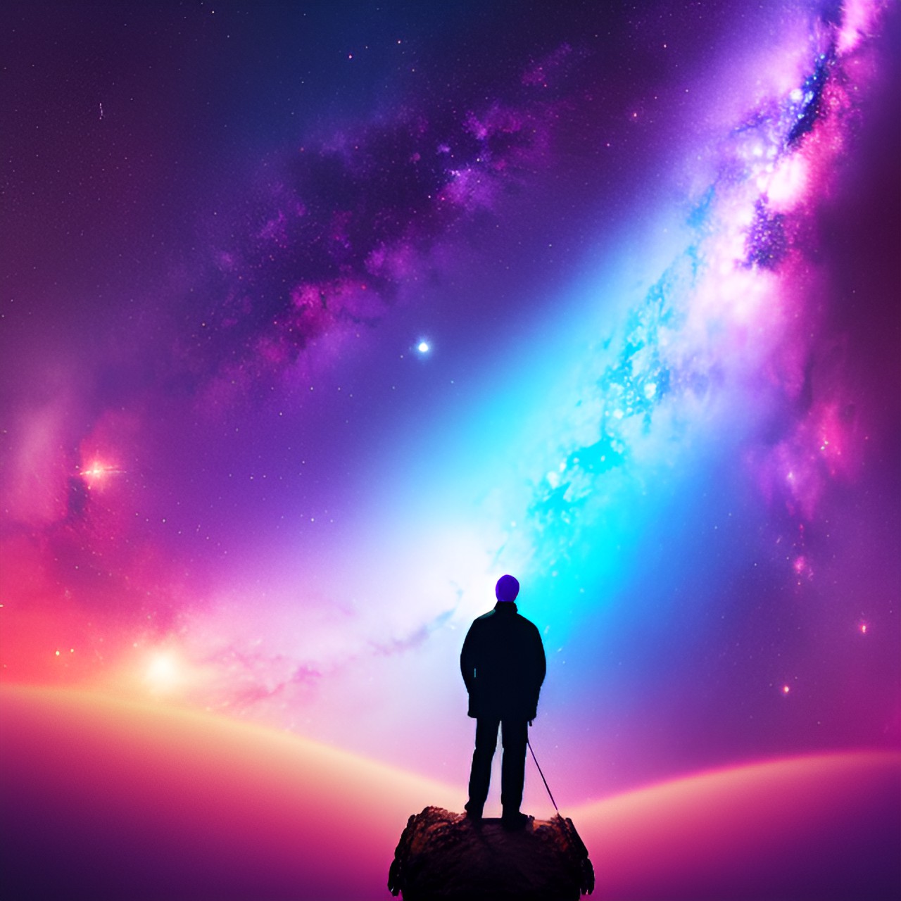 a man who is far away 
background of a purple galaxy preview