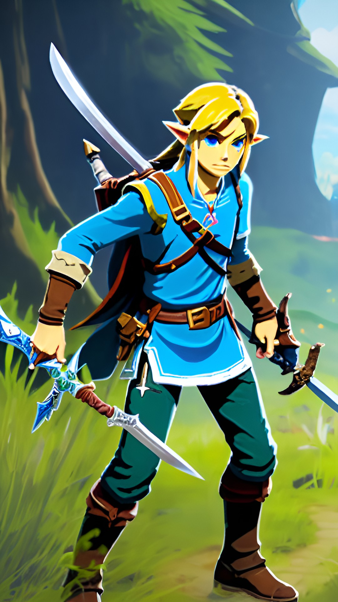 Link - link from legend of zelda breath of the wild game carrying a sword. he has a blue circle earring in one ear and is wearing a blue tunic preview