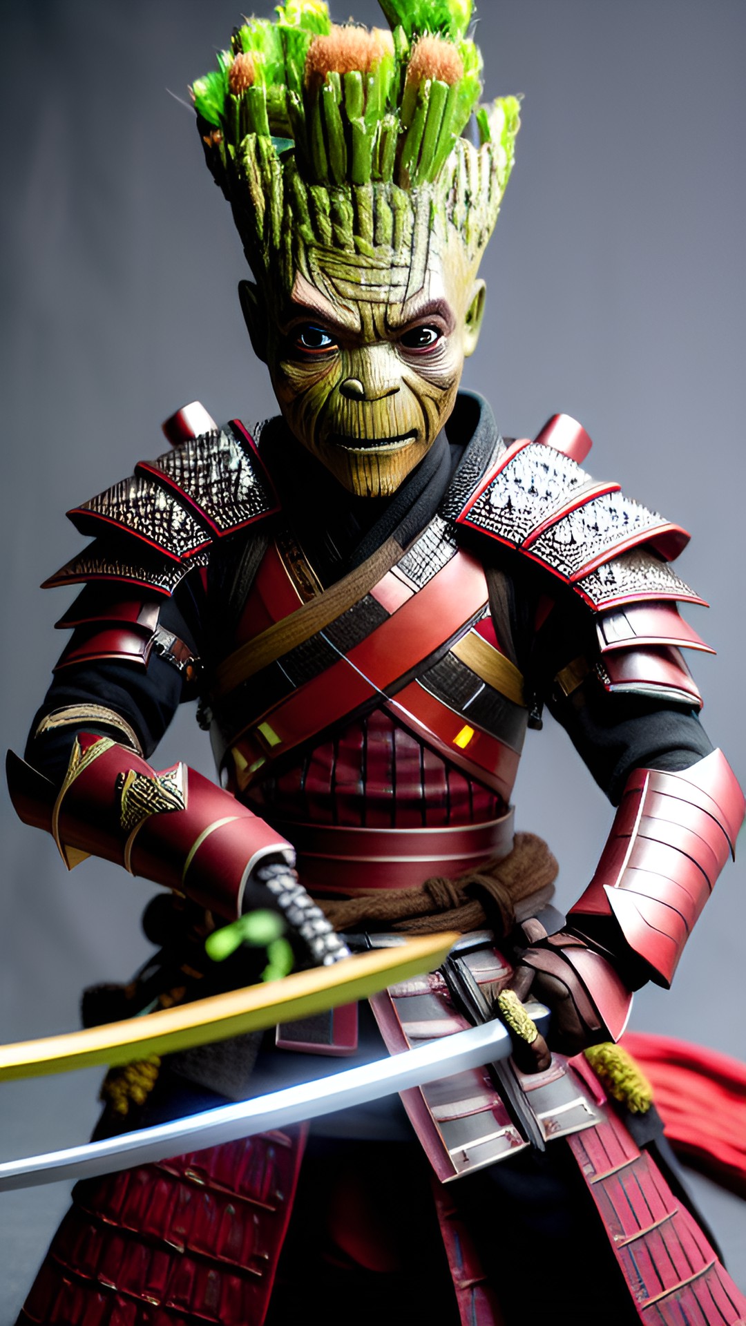 samurai groot  - samurai groot, fierce with a katana sword and intricate armor. his eyes glow with determination as he prepares for battle. a sight to behold! preview