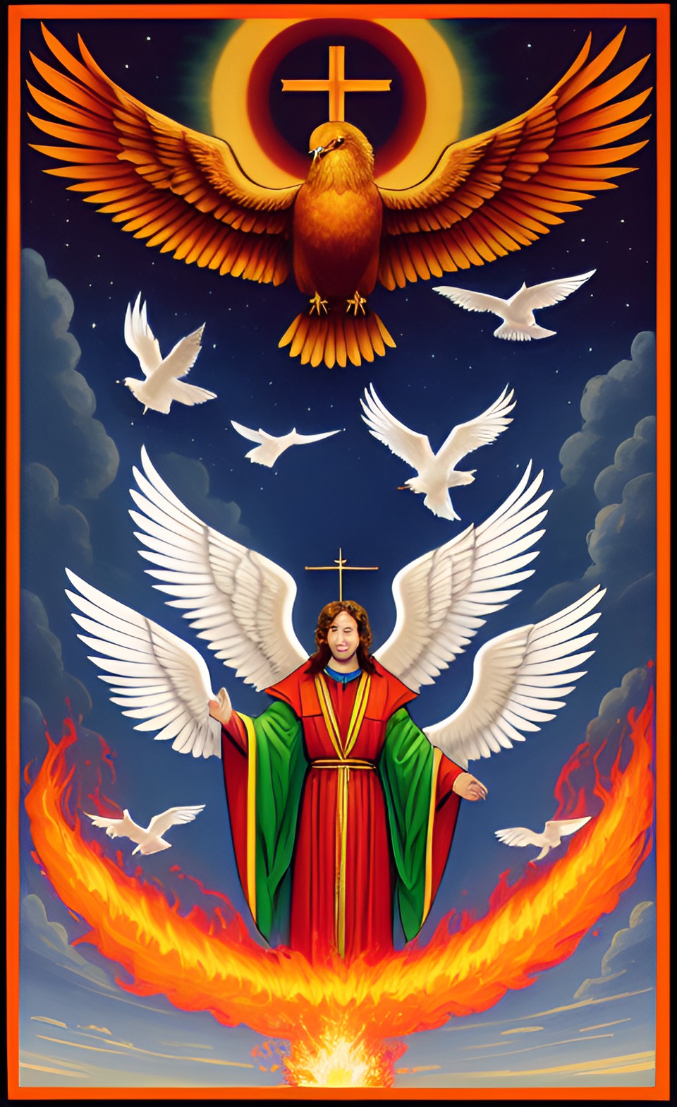 cherubim with face, flaming with holy love, holy spirit, dove, birds are dinosaurs, holy serpent preview