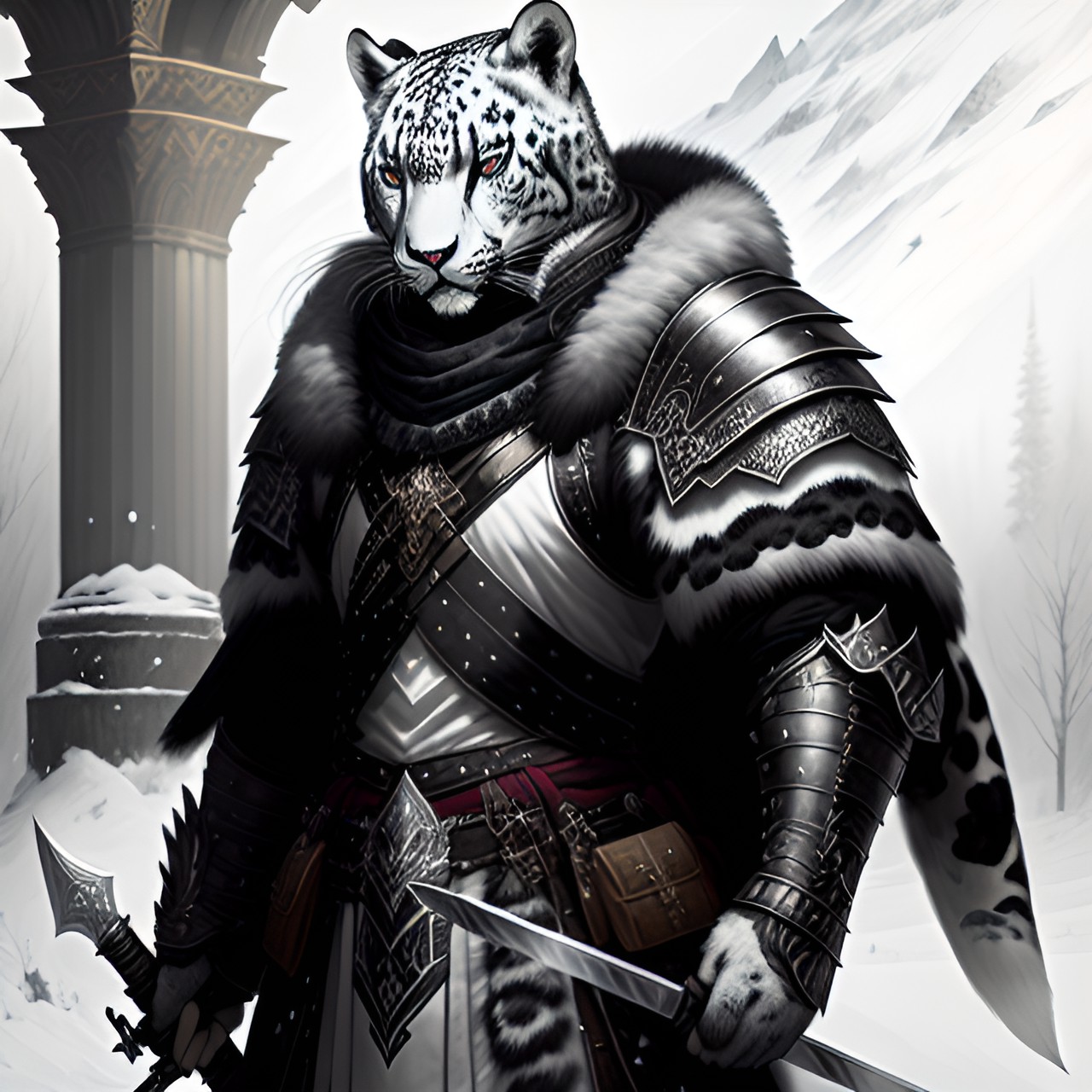 anthropomorphic snow leopard, sheathed claymore sword on back, heavy armor, divine fire around them preview