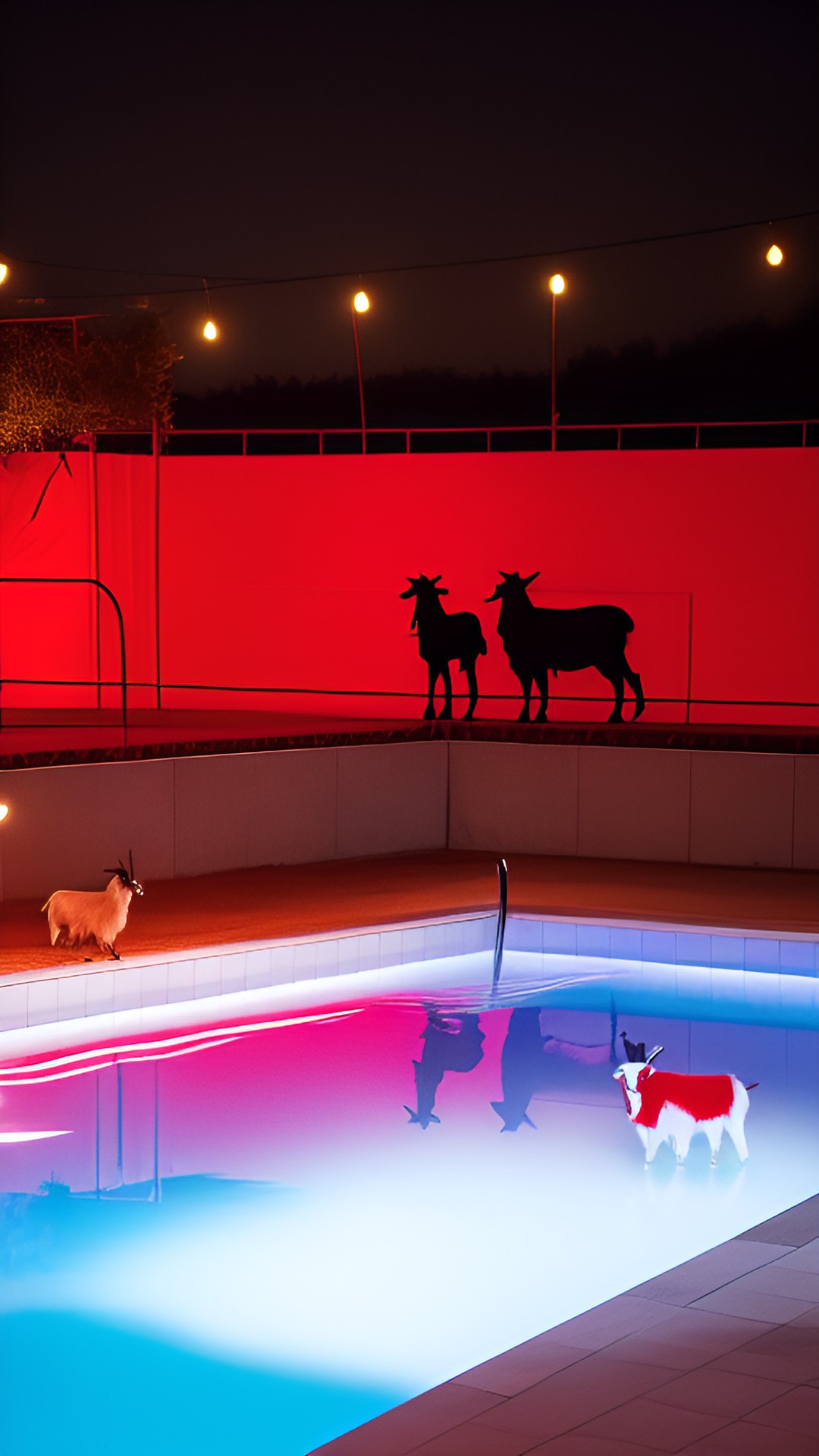 a goat and a sheep in a red swimmingpool at night preview