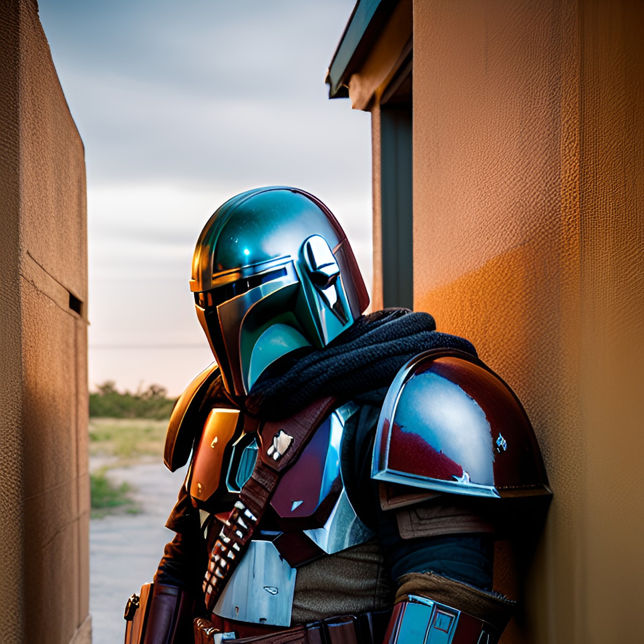 mandalorian, old scratched armor, galactic bar, stack of alcohol, high quality, maximum detail preview