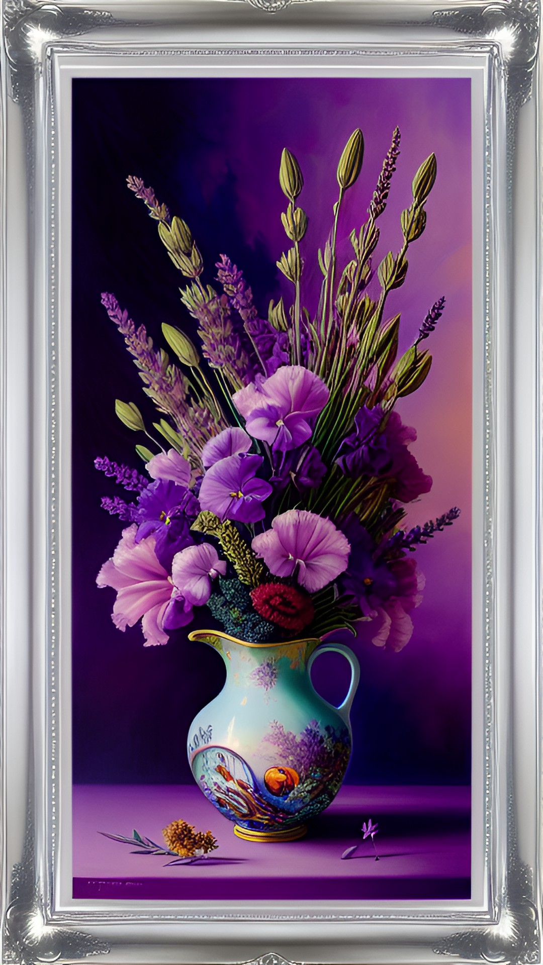 bouquet of lavander  in a vase with a lavander  frame with purple sunset sky preview