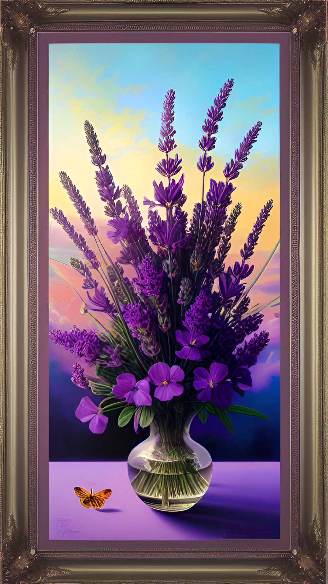 bouquet of lavander  in a vase with a lavander  frame with purple sunset sky preview