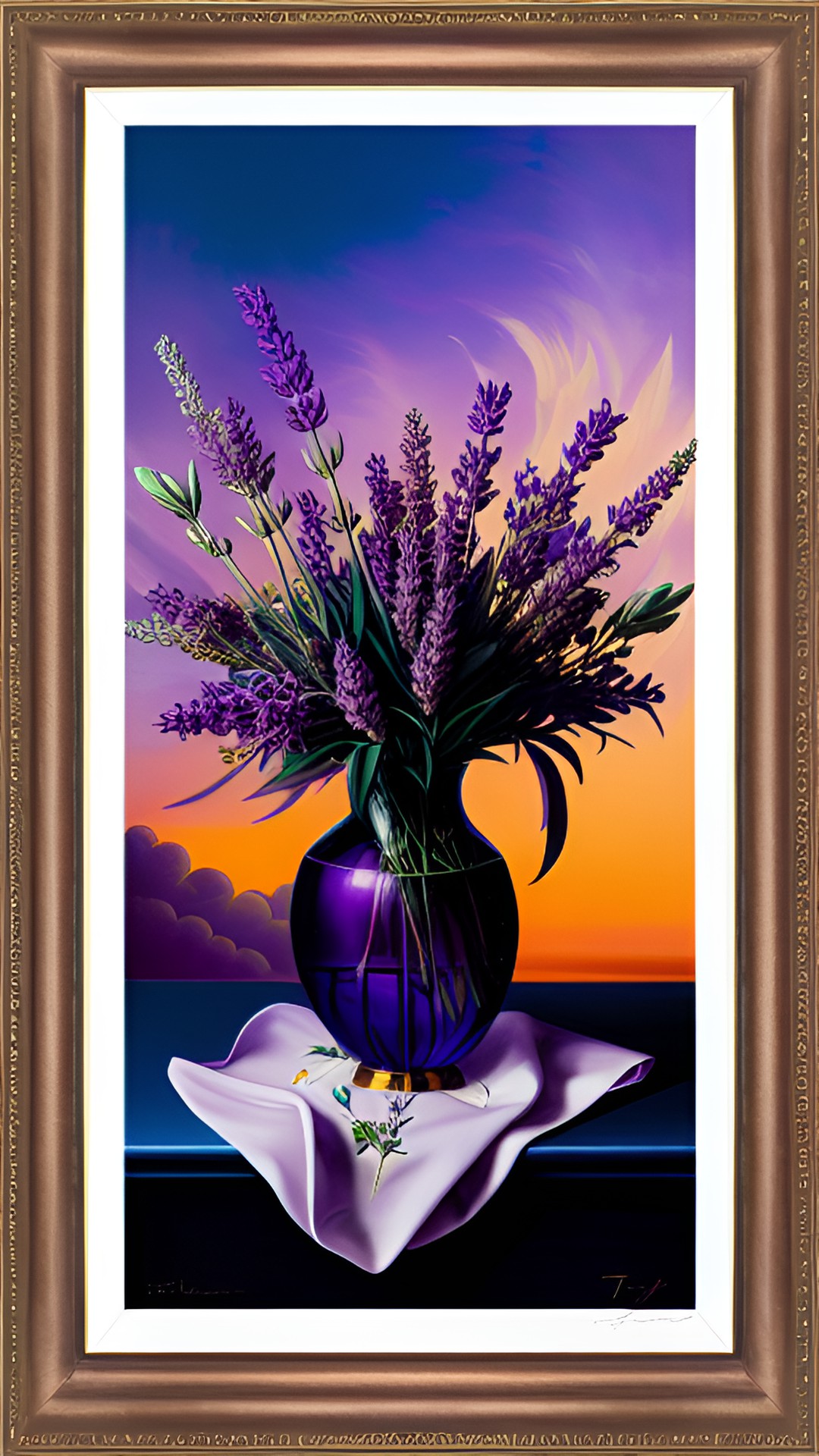 bouquet of lavander  in a vase with a lavander  frame with purple sunset sky preview