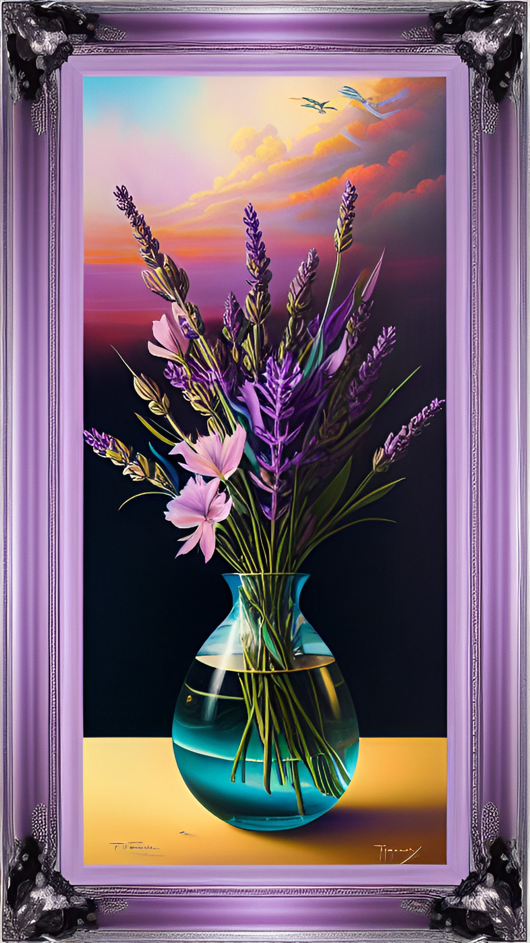 bouquet of lavander  in a vase with a lavander  frame with purple sunset sky preview