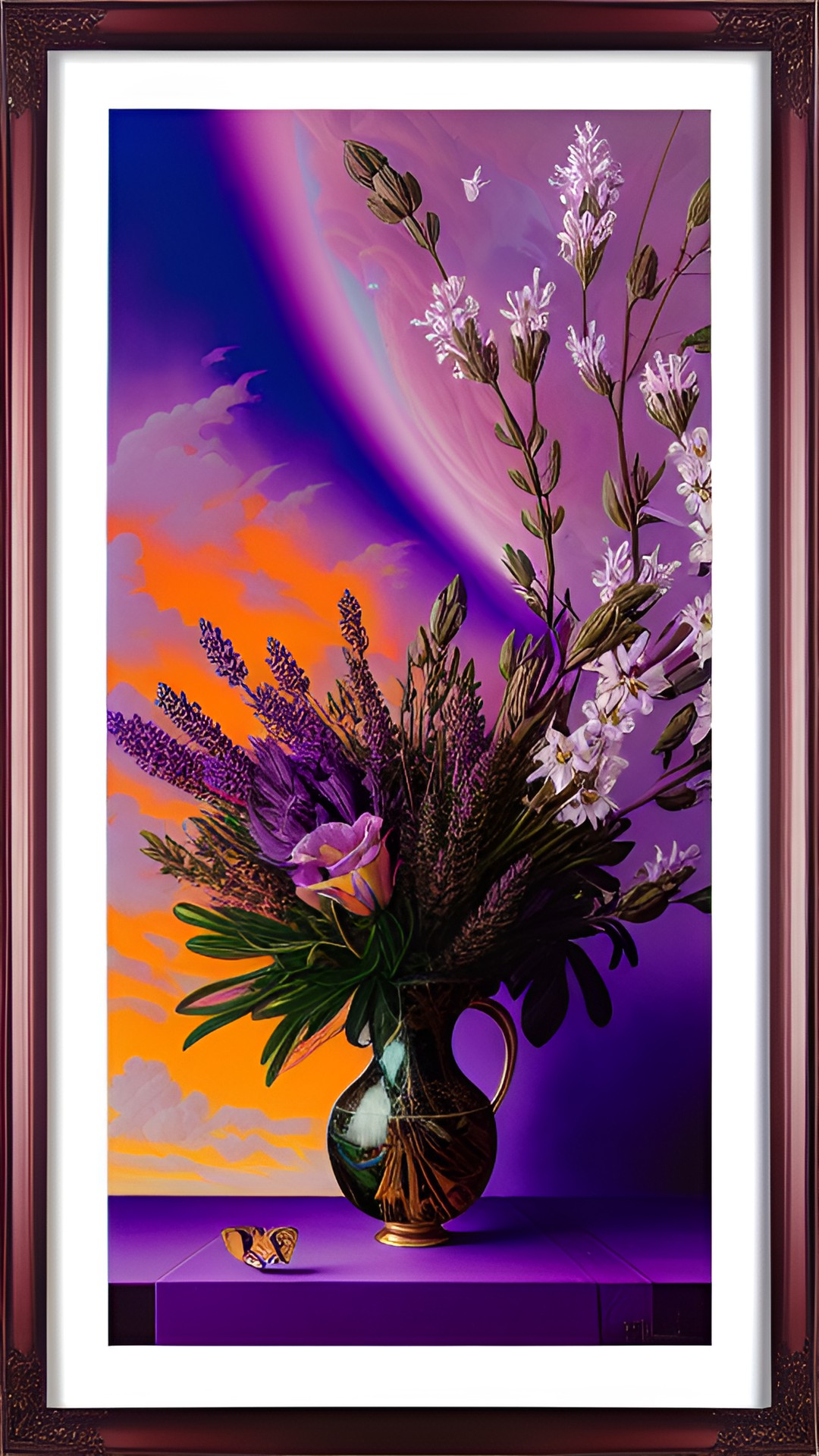 bouquet of lavander  in a vase with a lavander  frame with purple sunset sky preview