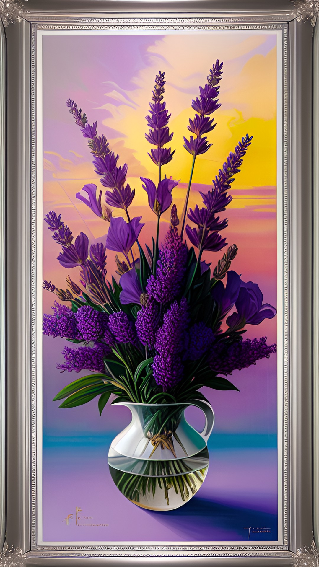 bouquet of lavander  in a vase with a lavander  frame with purple sunset sky preview