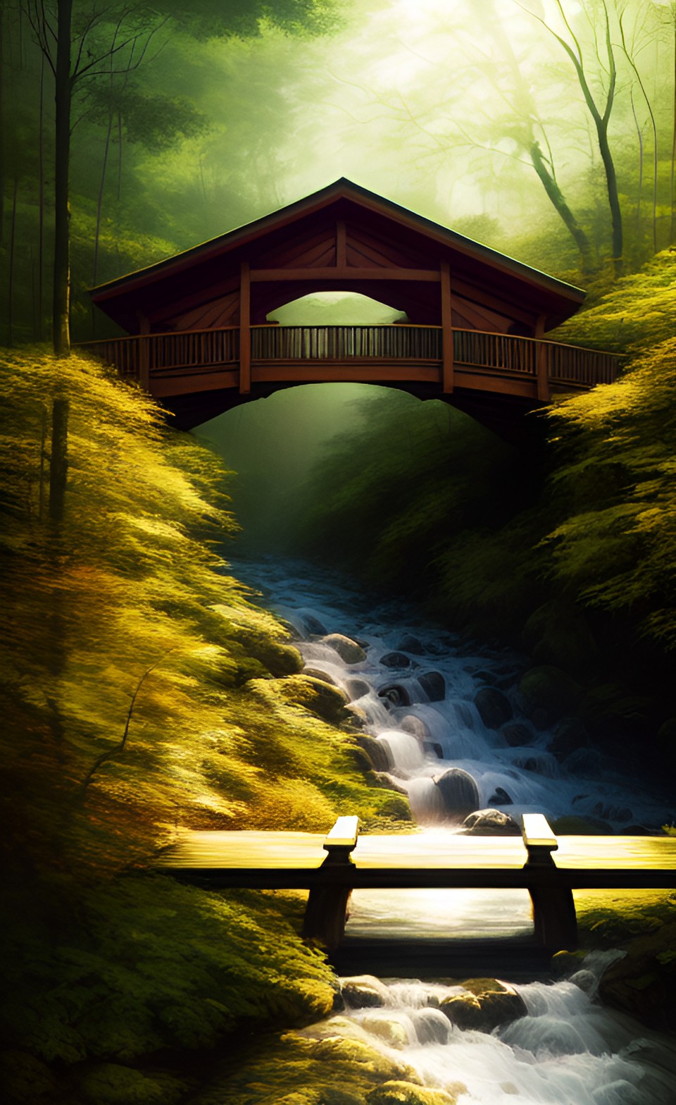 a small wooden bridge over a wee river in a deep forest, sunrays. summer preview