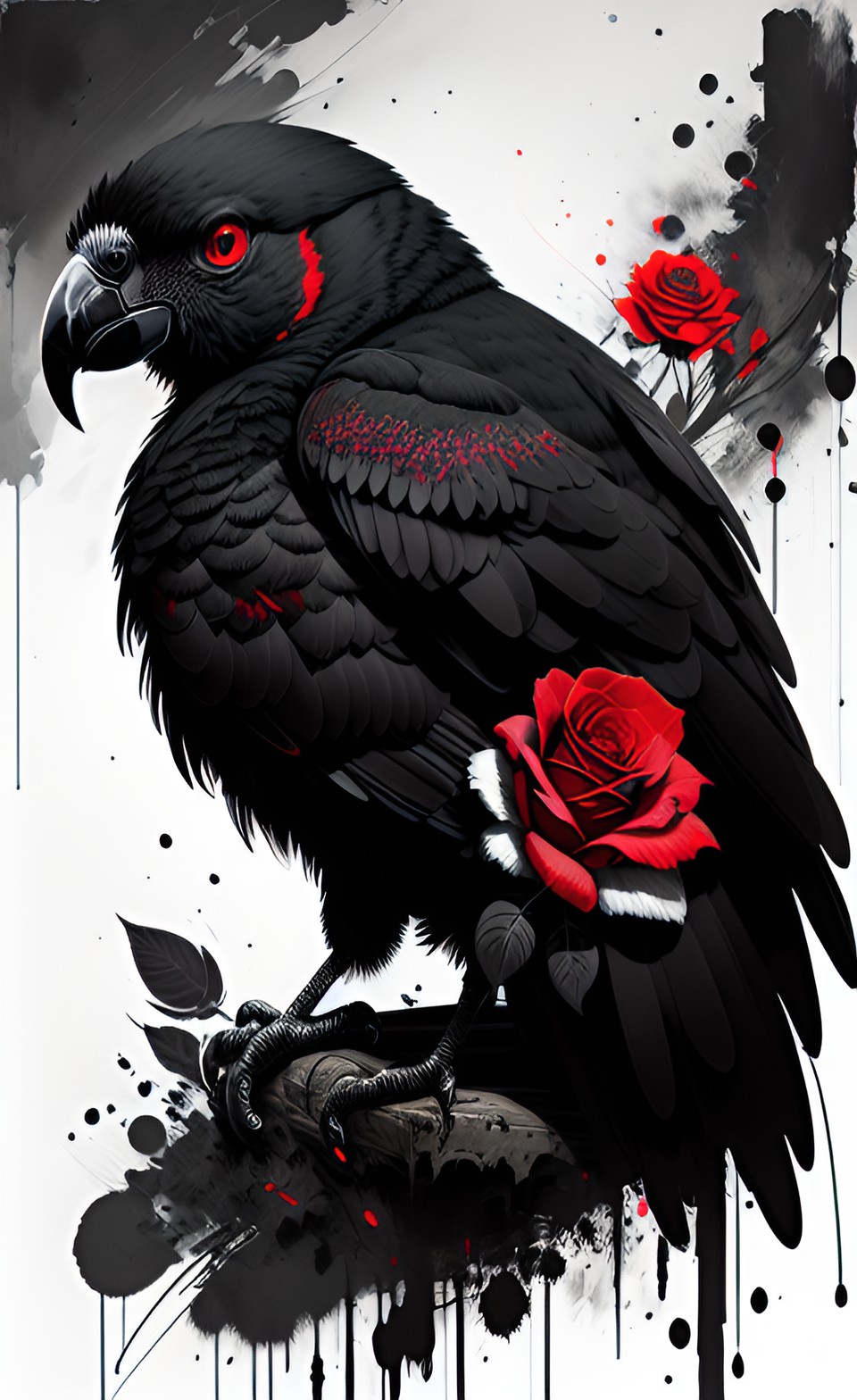 Dark Macaw - black parrot with red rose, dark, eerie, realistic, hd preview