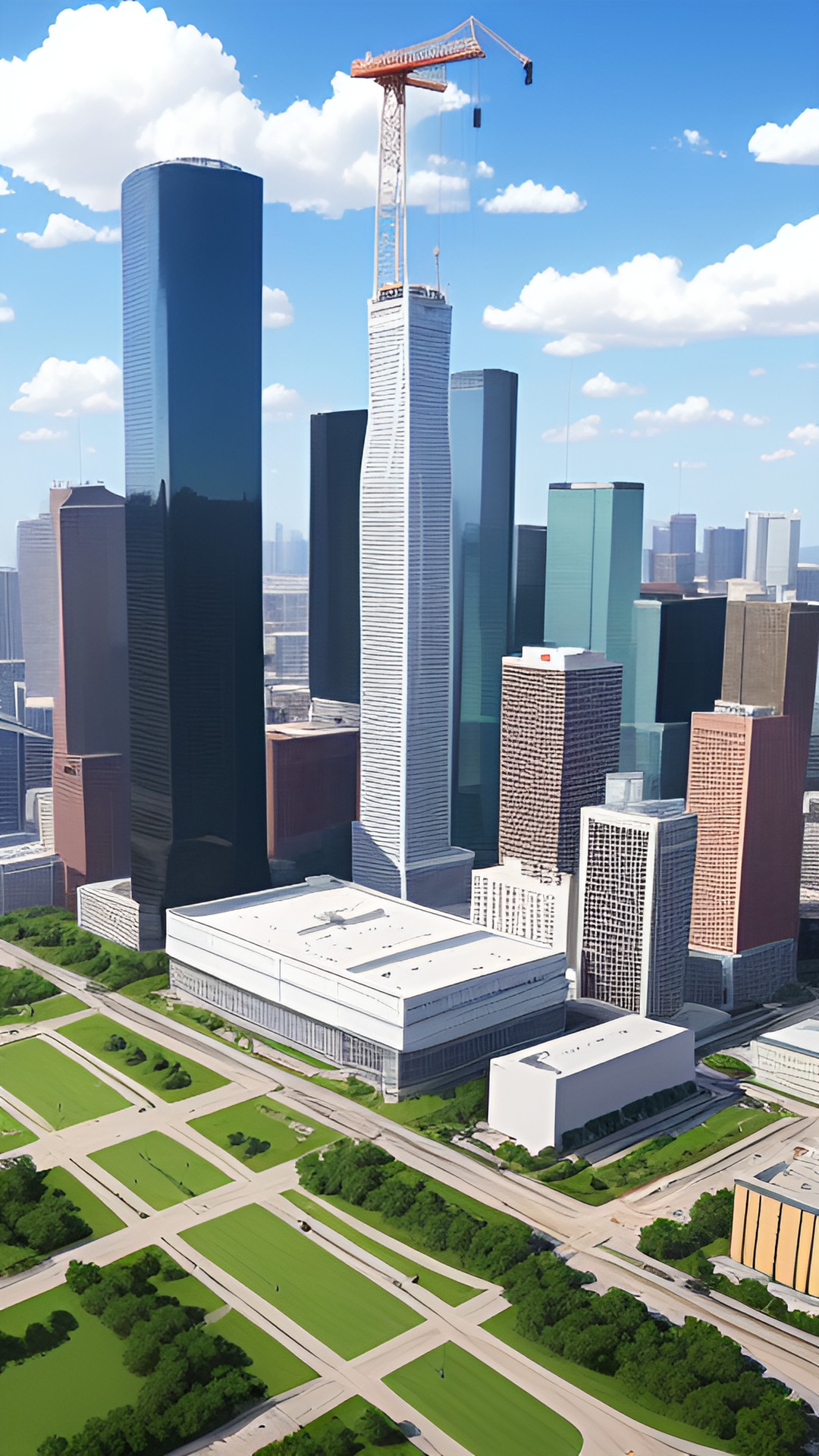 draw a tower crane in houston texas realistically - realistically draw a tower crane in houston, texas - with a high level of detail. show the surrounding buildings and skyline in the background. preview