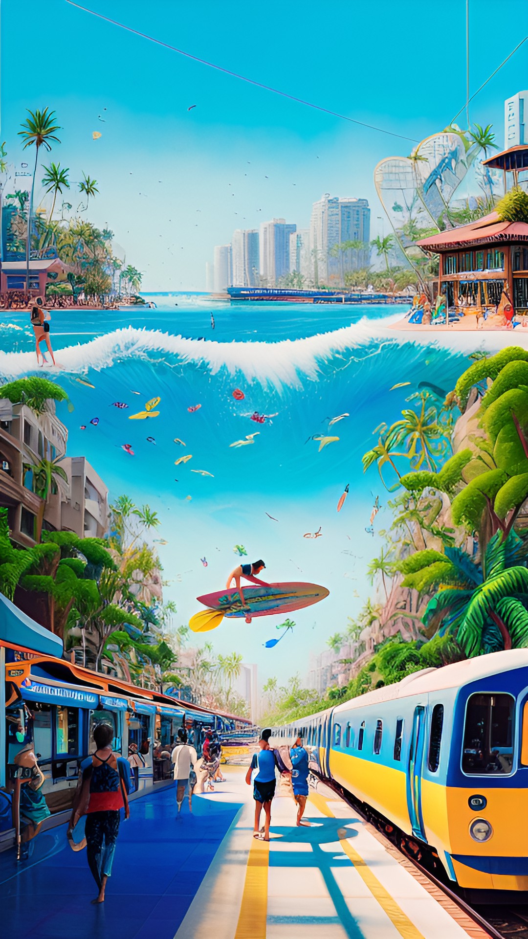 🏄🏻‍♀️🏊🏻‍♂️🚝 - a thriving beach scene with a surfer catching a wave, a swimmer diving into clear blue waters, and a bustling train station in the background with people walking and waiting for their train preview