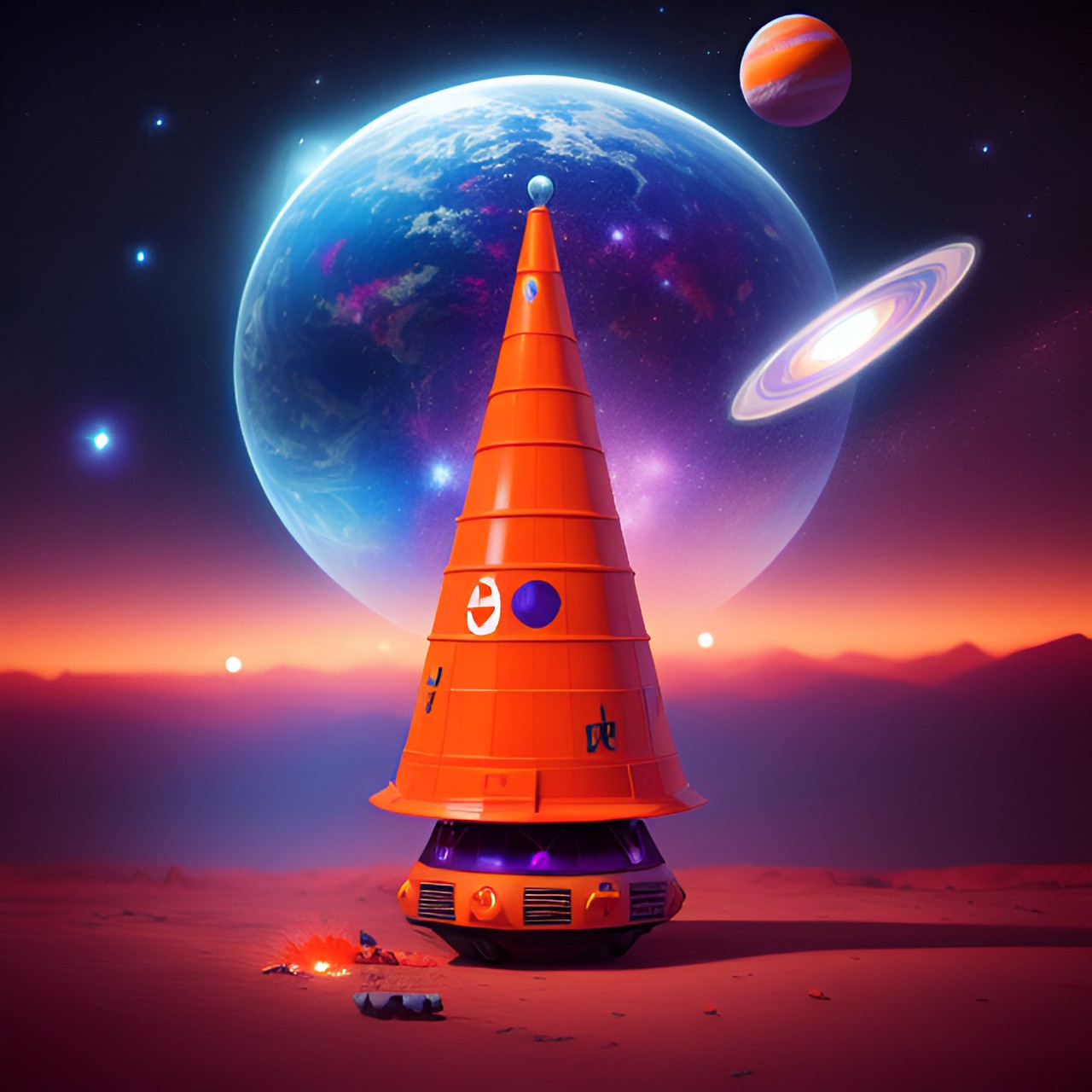 cone ship - orange traffic cone space galaxy stars planets ufo  purple planets stars orange queen preview