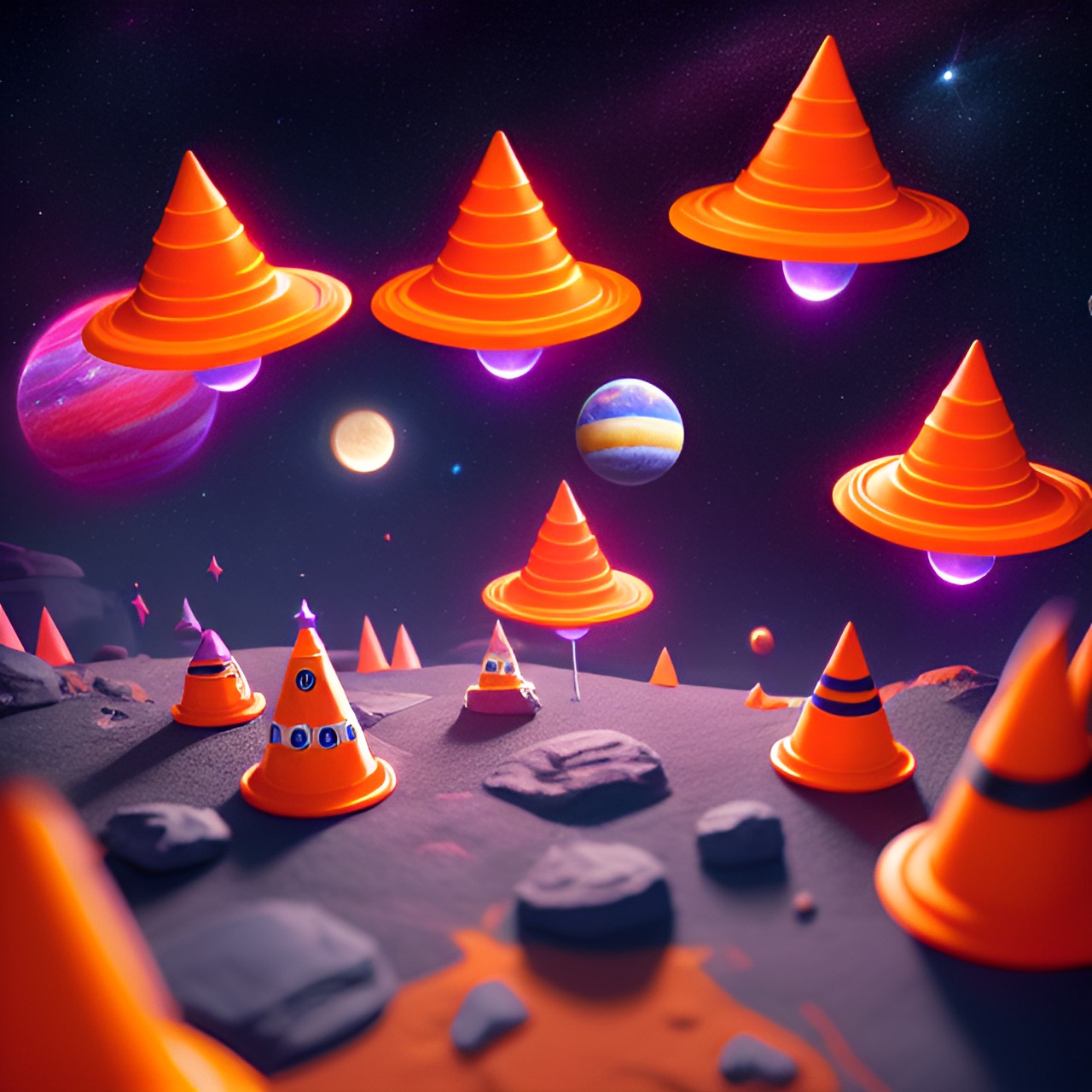 space cone - orange traffic cone space galaxy stars planets ufo  purple planets stars orange cone moon castle preview